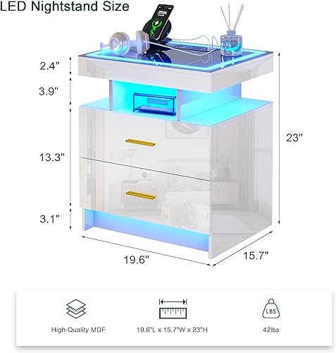 Miniatura 2 de HNEBC Mesita de noche LED con estación de carga (puertos USB, puertos tipo C), mesa de noche de alto brillo con 2 cajones, mesita de noche
