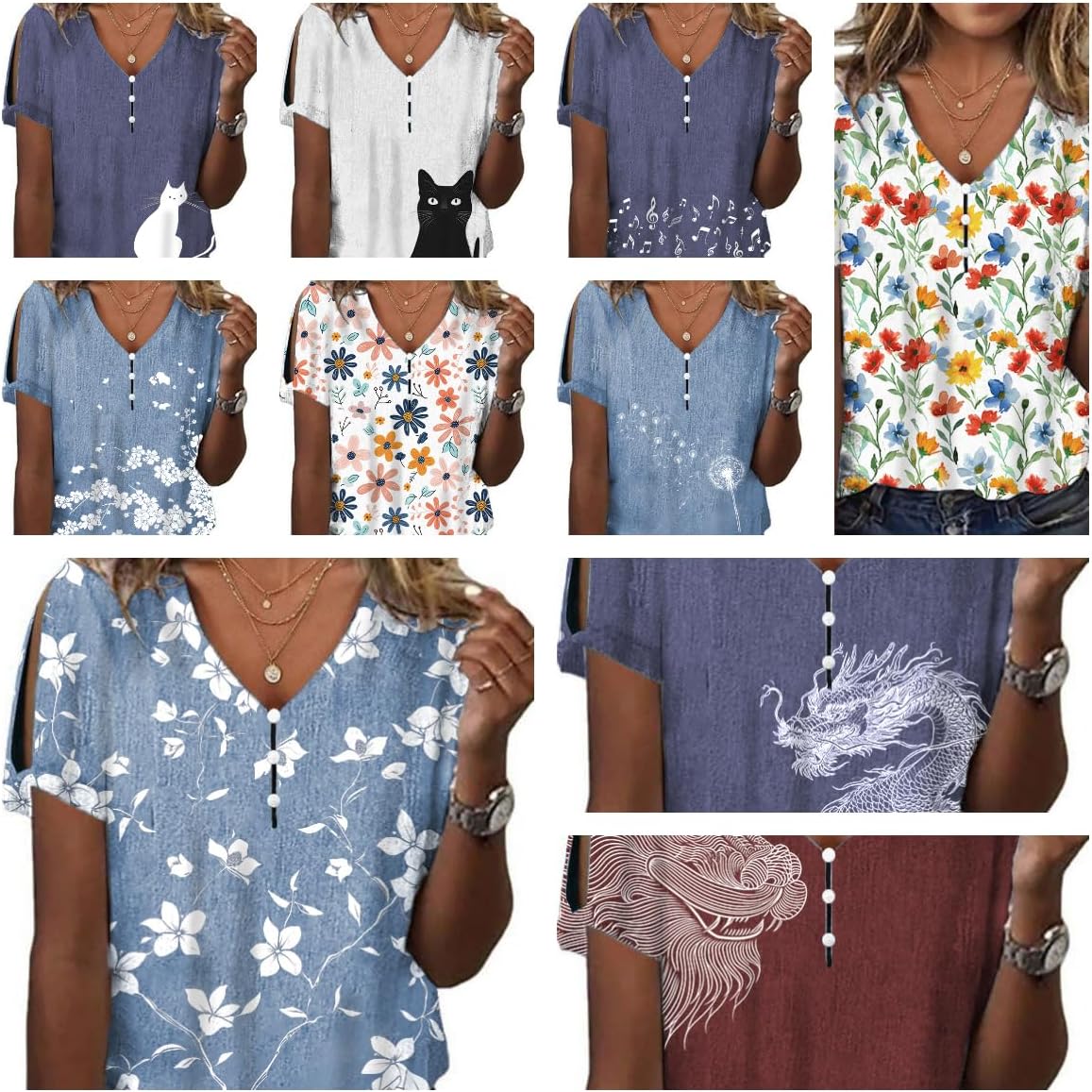 Boho Women Tops Floral Printed Blouses Casual Flowy Cold Shoulder Pleated Shirt Loose V Neck Ladies Tunic Tops - Image 3