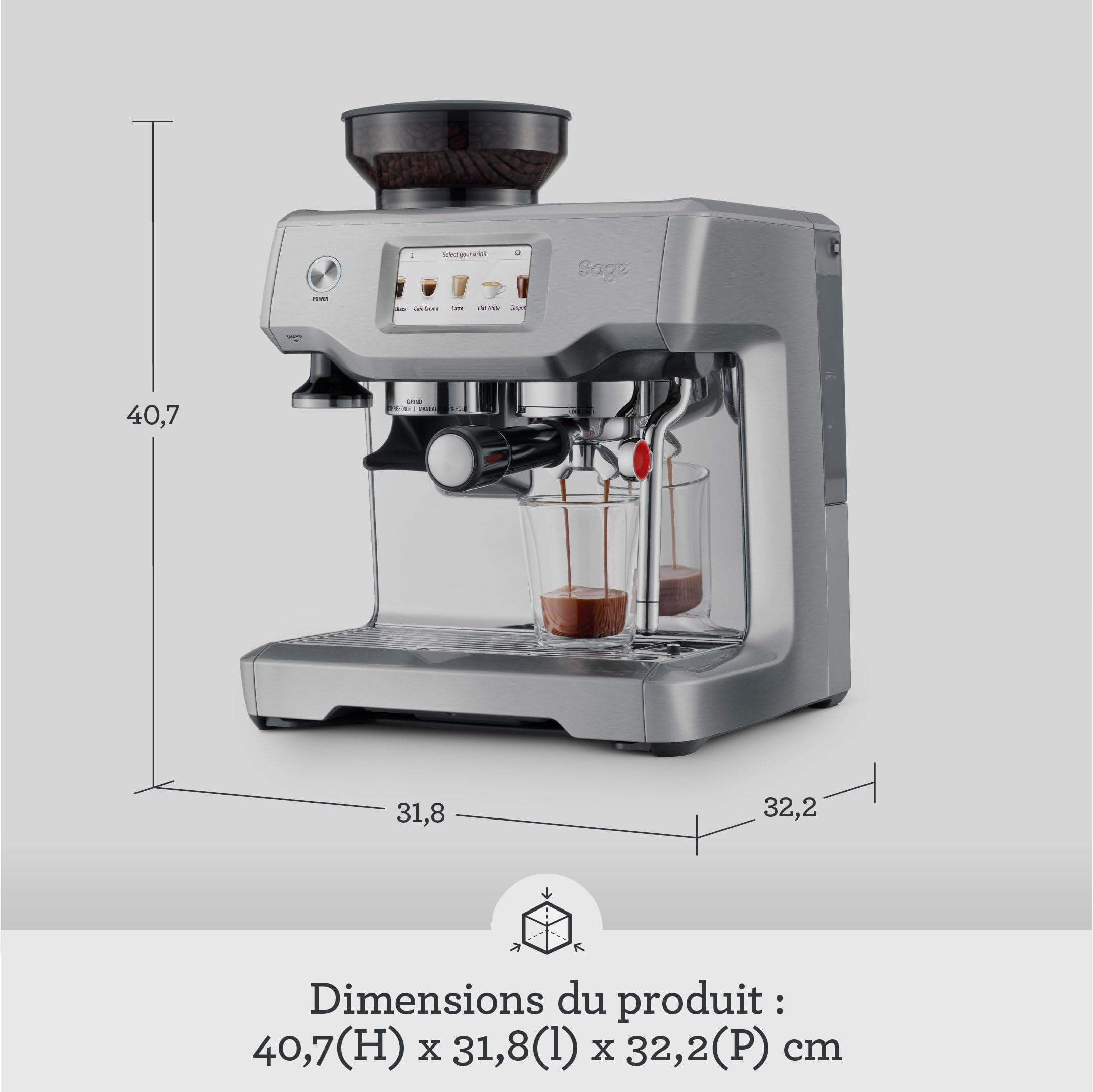 Sage - The Barista Touch - Machine à Café avec Mousseur à Lait Automatique & Moulin Intégré - Écran Tactile, Tampon Amovible, 5 Programmes - Machine Expresso - Acier Inoxydable Brossé