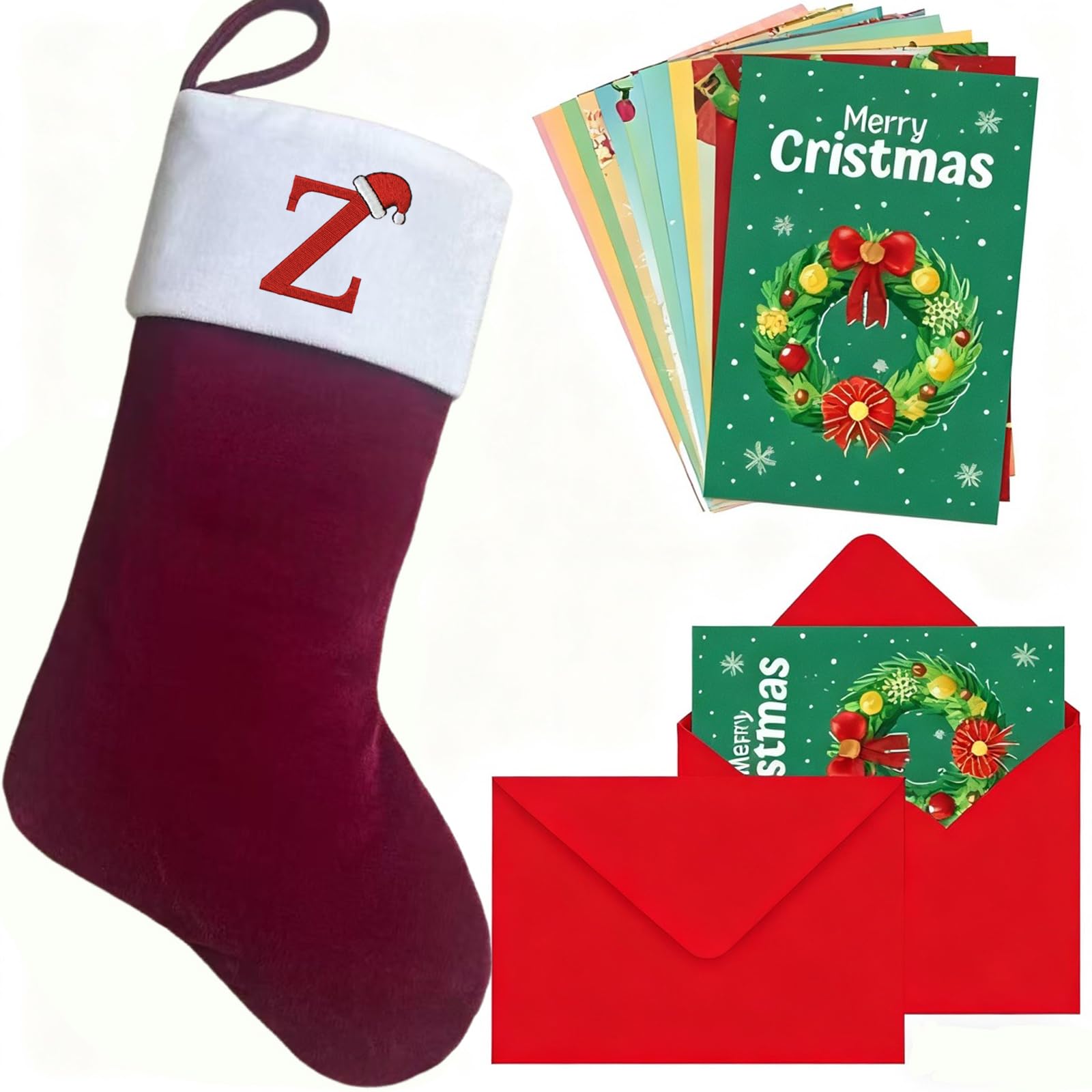mememom Christmas Stockings with Initials,Personalized Letters Xmas Stocking for Kids, Large Super Soft Embroidered Monogram Christmas Stocking,Holiday Family Stocking Decoration (Wine Red Letter Z)