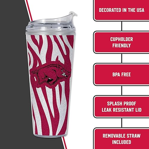 Miniatura 175 de Rico Industries NCAA - Vaso de acrílico con purpurina de 24 onzas con tapa con bisagras, vaso de doble pared con licencia oficial y popote Brillo