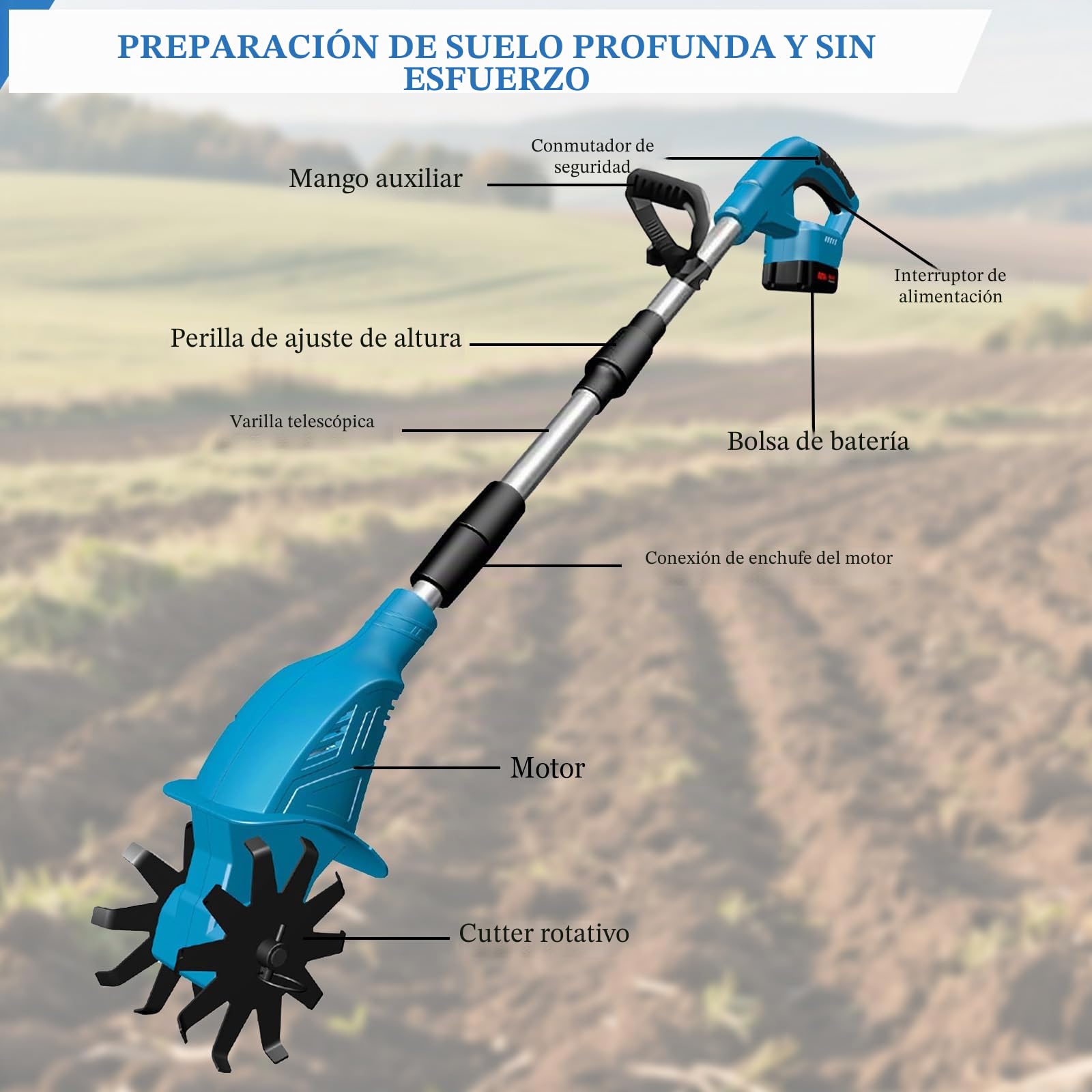 Cultivador a batería para baterías Makita de 18 V, motocultivador eléctrico de 300 W para la labranza y la jardinería, con 10 cm de Ancho de Trabajo y 15 cm de Profundidad de Trabajo, 360 RPM