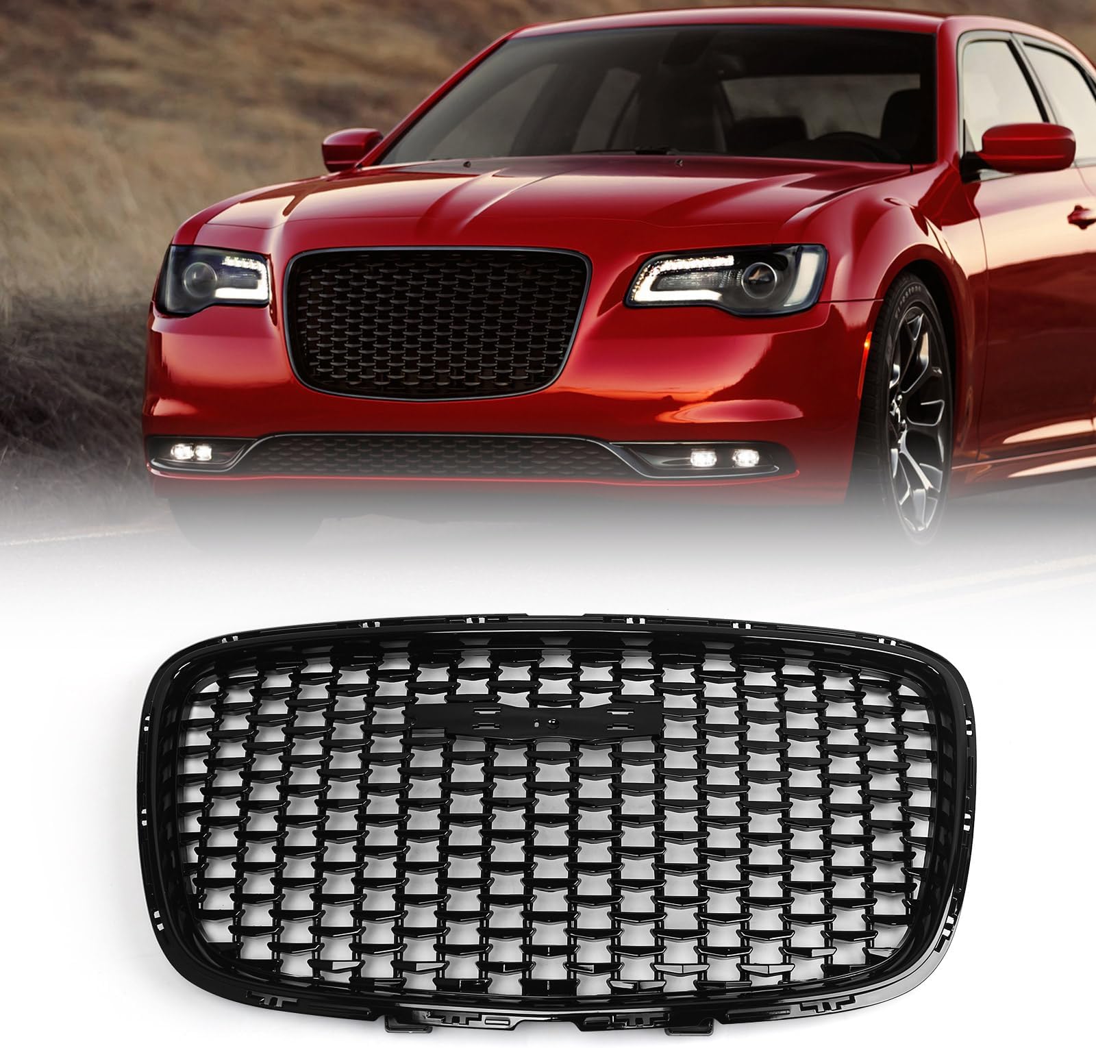 Front Grille Assembly Compatible with Chrysler 300C SRT 2015 2016 2017 2018 2019 2020 2021 2022 Replacement Front Bumper Grill 5SW18DX8AD CH1200393