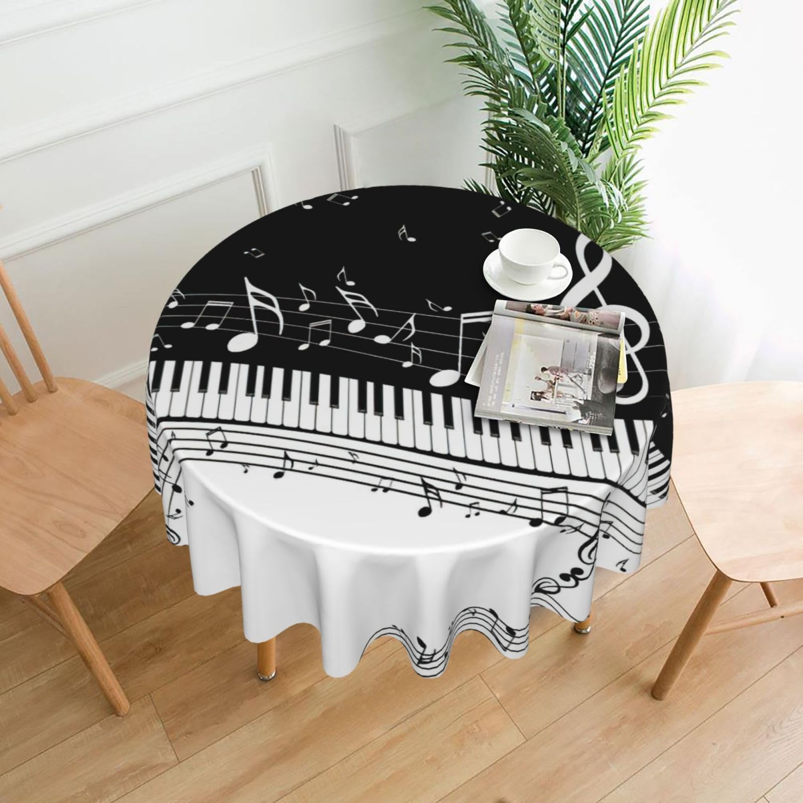 Zcmkjlg Black White Music Note Print Quick Ship Round Tablecloth 60in Polyester Washable Cover for Dining Room