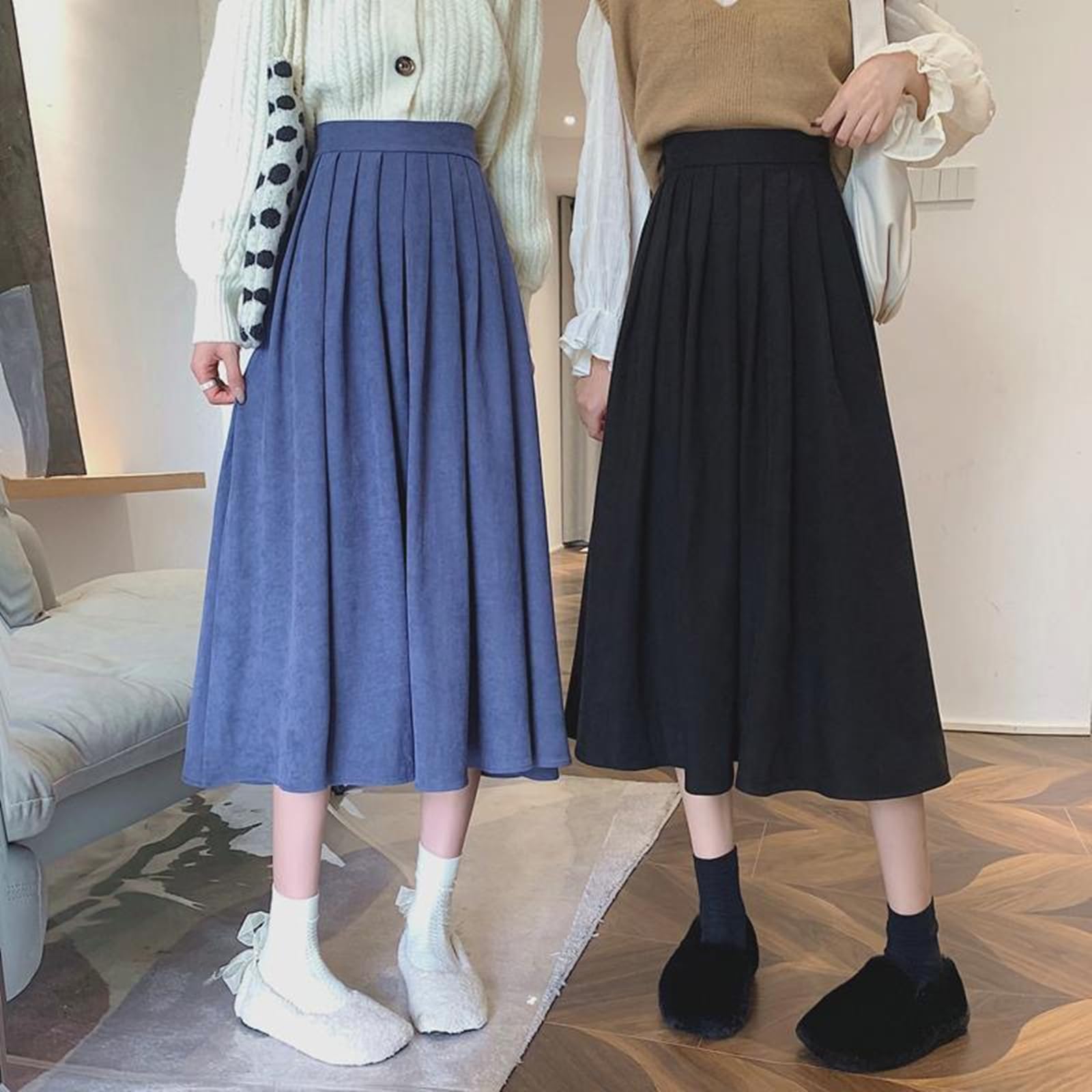 TEidea Spódnice damskie vintage z wysokim stanem plisowane spódnice dla kobiet w stylu college'u długa spódnica damska jesień na co dzień spódnice o linii A