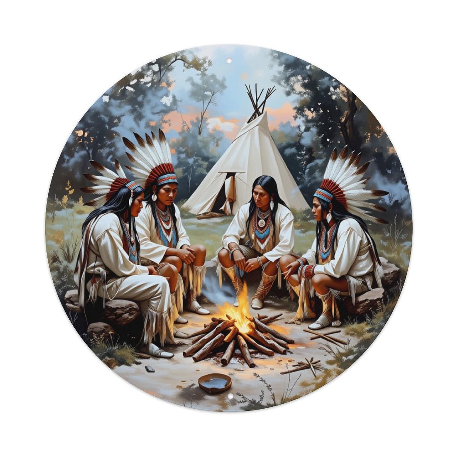 Native American Tribal Gathering Fire Round Tin Sign Vintage Metal Poster, Home Bar Garage Man Cave Cafe Indoor & Outdoor Wall Decoration 8x8Inches