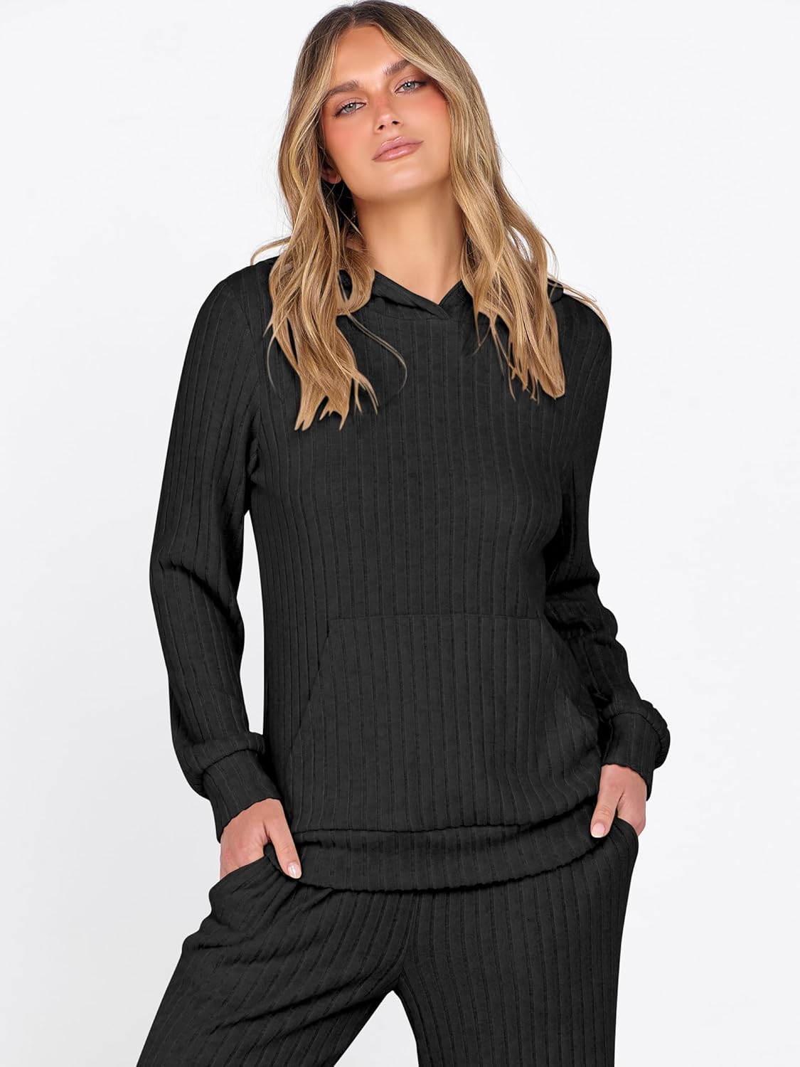 ANRABESS Women's 2 Piece Lounge Pajama Sets Ribbed Knit Long Sleeve Hoodies Tops Matching Pants Casual Fall Sleepwear Outfits - Image 7