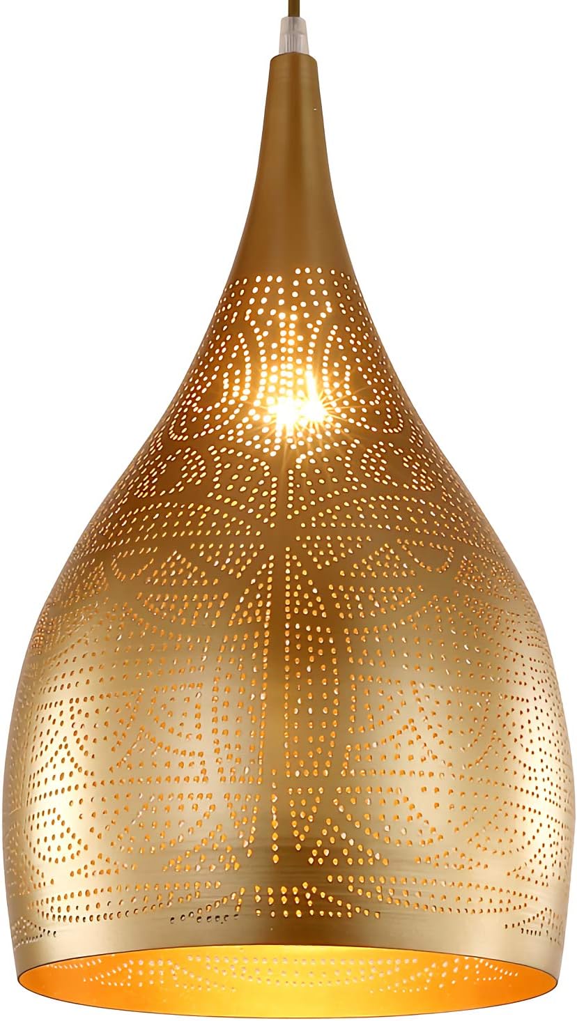 Vintage Chandelier, Turkish Lamp Moroccan Etching Pendant Light, Industrial Porous Arabic Ceiling Light Fixture Pendant Lighting for Kitchen Island Restaurant Hallway Foyer (Gold)