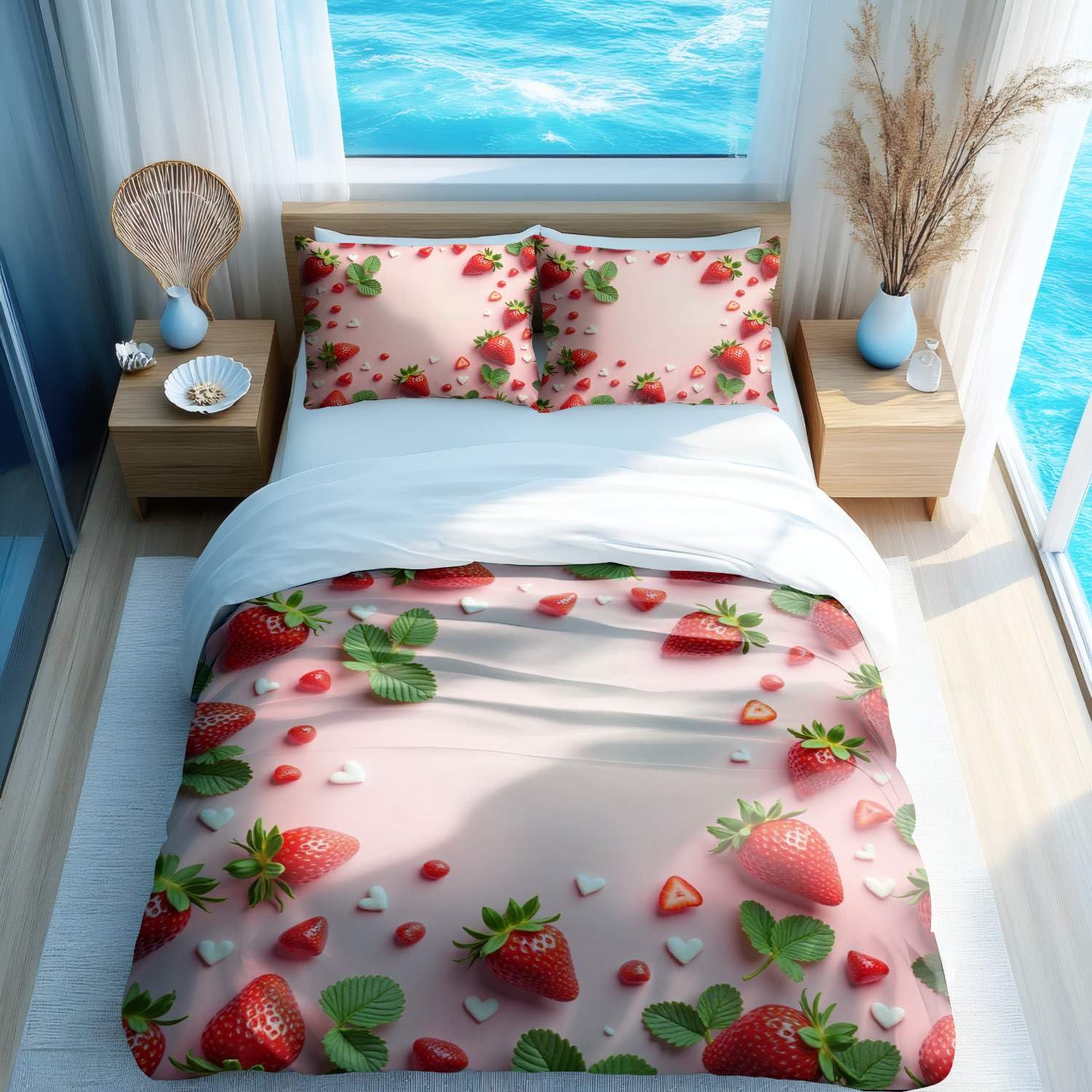 Housse de couette fraise pour parure de lit double ambiance printemps été king size