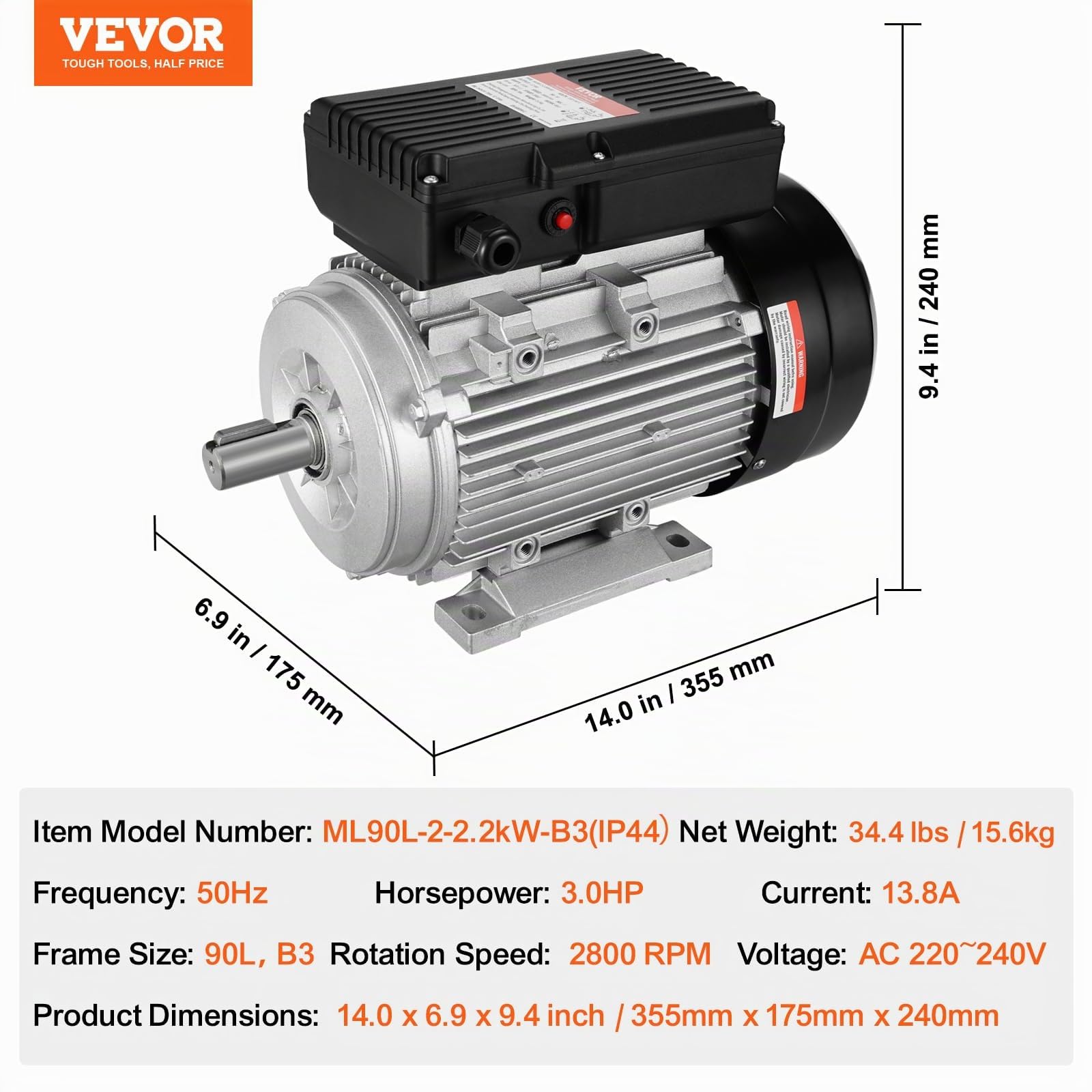 VEVOR Motore Elettrico 2,2KW 2800 Giri/min, AC 220~240V 13,8A, 90L, Telaio B3, Motore Compressore d'Aria Monofase, Albero Chiavetta 24mm, Rotazione CW/CCW Macchine Agricole e Attrezzature Generali