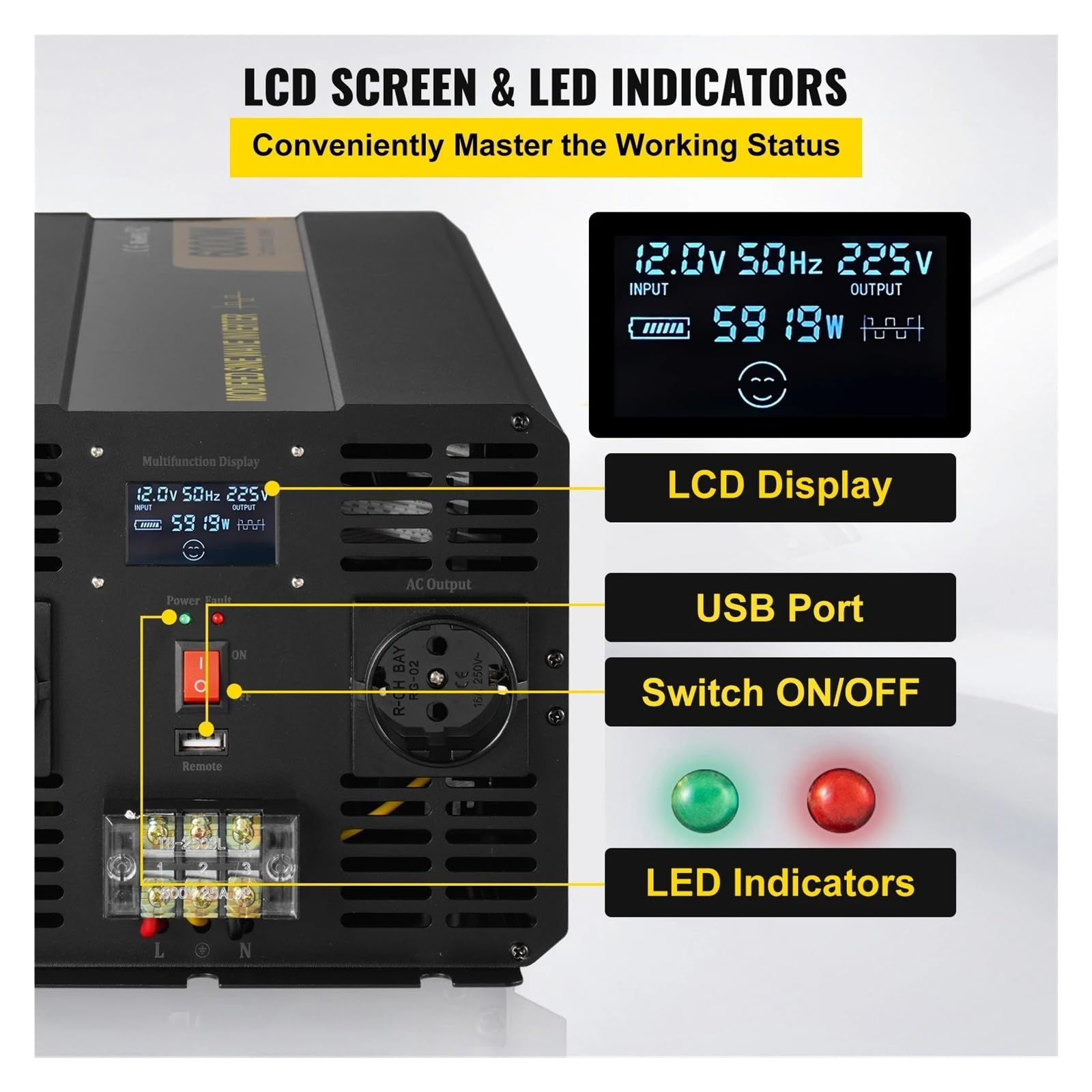 Convertisseur Convertisseur Voiture À Onde Sinusoïdale Modifiée Puissance 6000W Télécommande avec Écran LCD pour Camping-Car Camion Bateau Voyage Onduleur