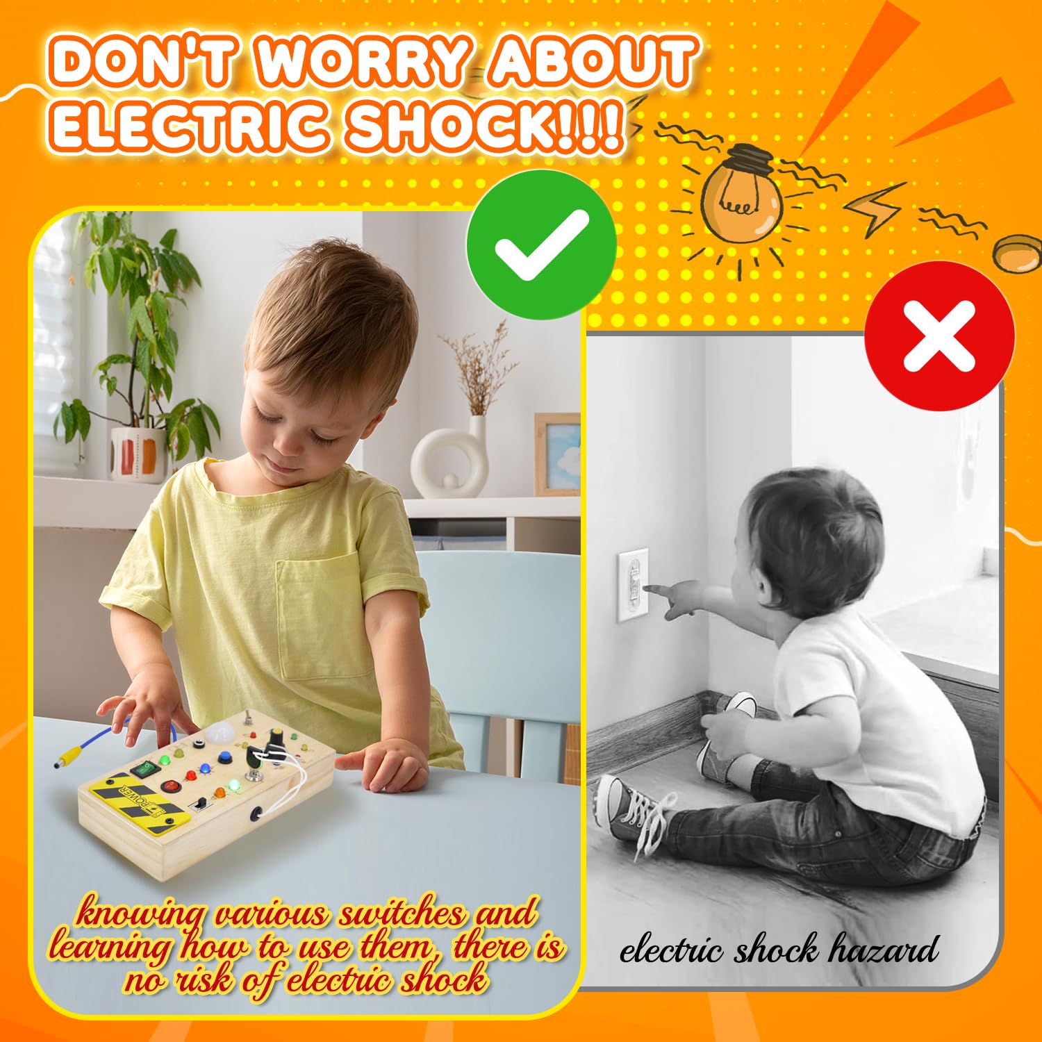 Hukermoon Busy Board Juguetes Montessori, Tablero de Actividades Sensoriales Madera con 8 Interruptores y 15 Luces LED, Montessori Toddler Busy Board LED, Juegos Educativos para Niños de 1 2 3 4 Años — view 4