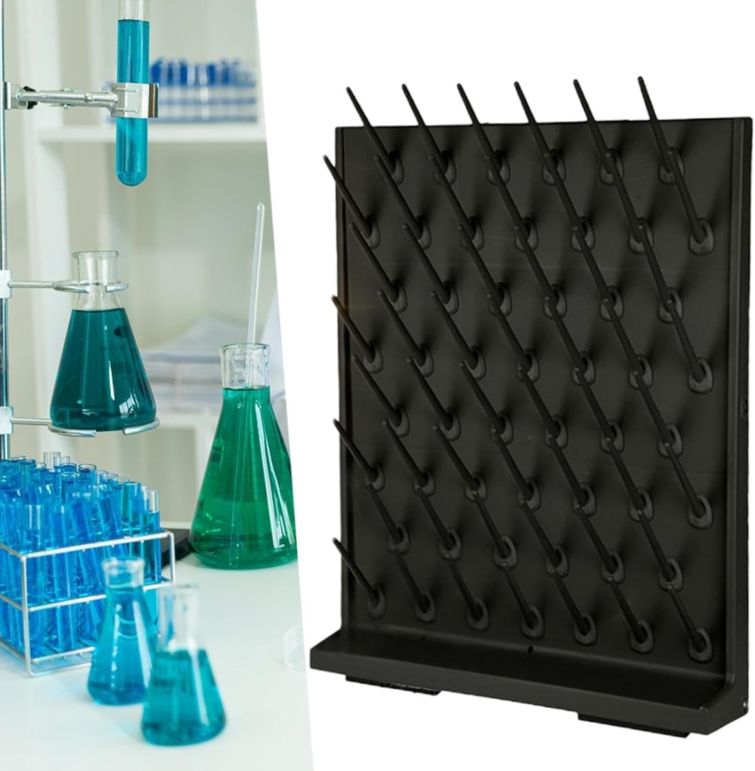 Glassware Rack 52 Detachable Pegs Space Saving Lab Draining Rack for Lab Glassware and Bottles, Black