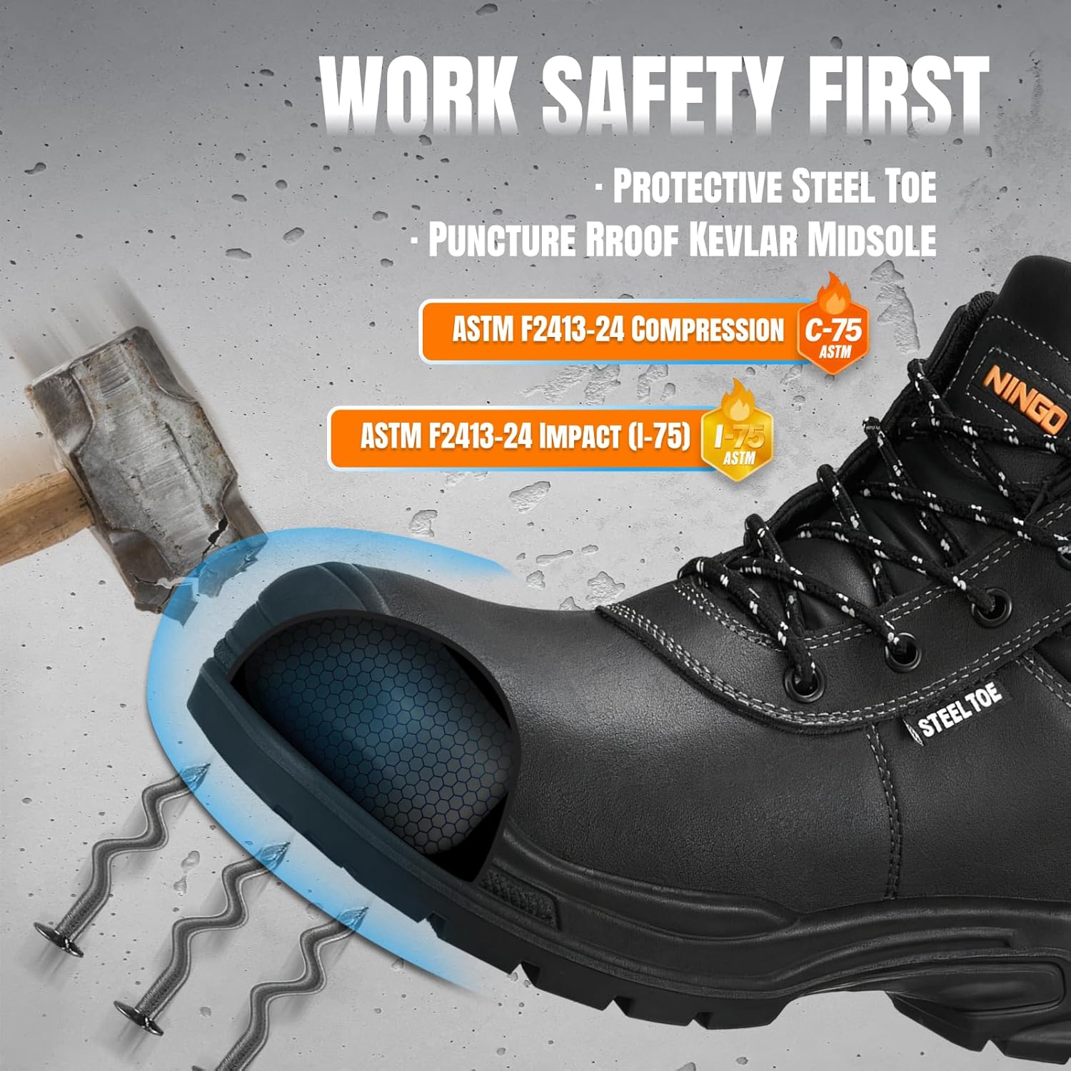 NINGO Steel Toe Work Boots for Men, Non Slip & Puncture Resistant Construction Boots with Breathable Lining, EH Protection, Comfortable Mens Safety Leather Work Shoes for Industrial, Walking Warehouse - Image 3