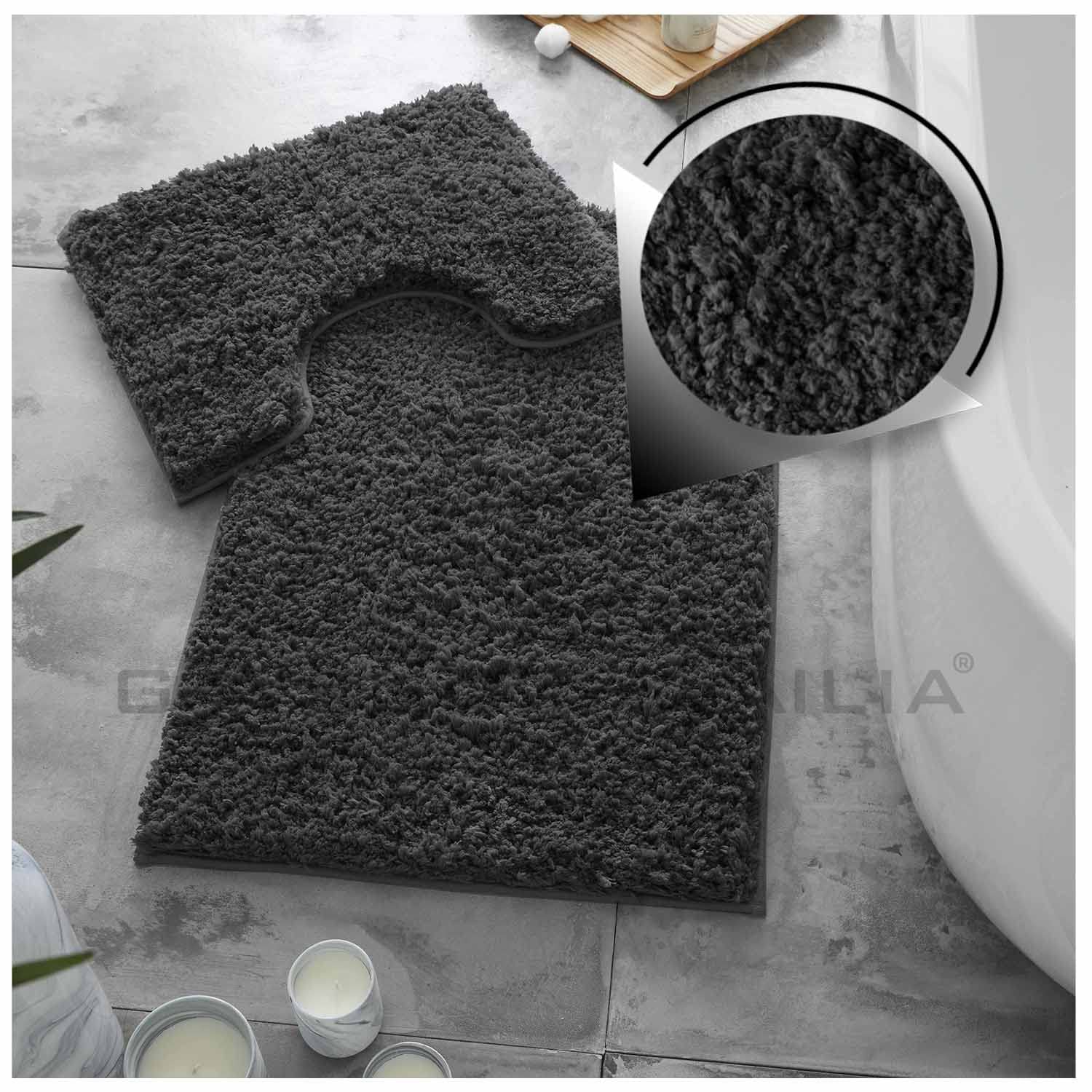 GC GAVENO CAVAILIA Luxury Super Soft 2 Piece Zero Twist Bath Mat Pedestal Set Non Slip, Extra Absorbent 100% Polyester Bathroom Toilet Rug, Regular (50x80, 50x40 cm), Black