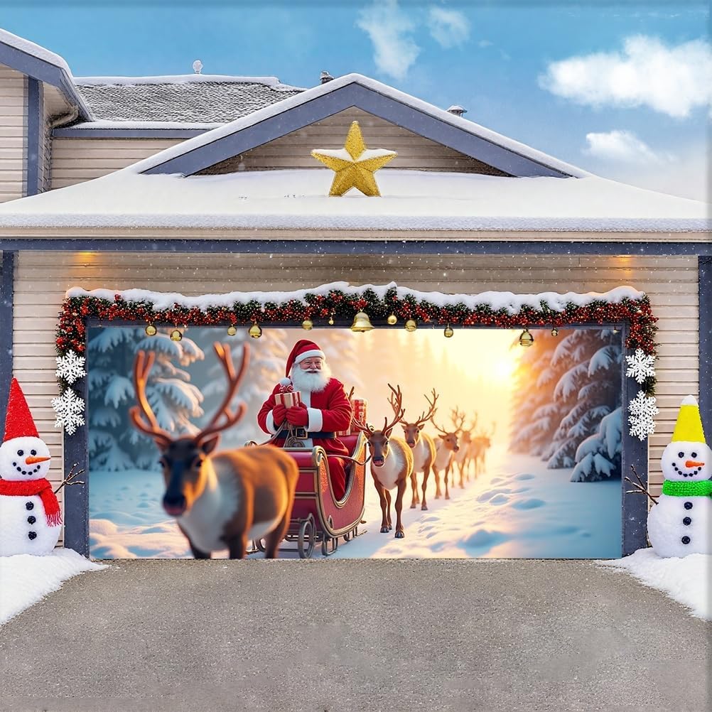 Christmas Garage Door Cover Banner Decoration Large Backdrops Holiday Door Cover Mural for Christmas Decoration for Xmas Eve Holiday Outdoor Wall Decor,Sunset reindeer,16 * 7FT