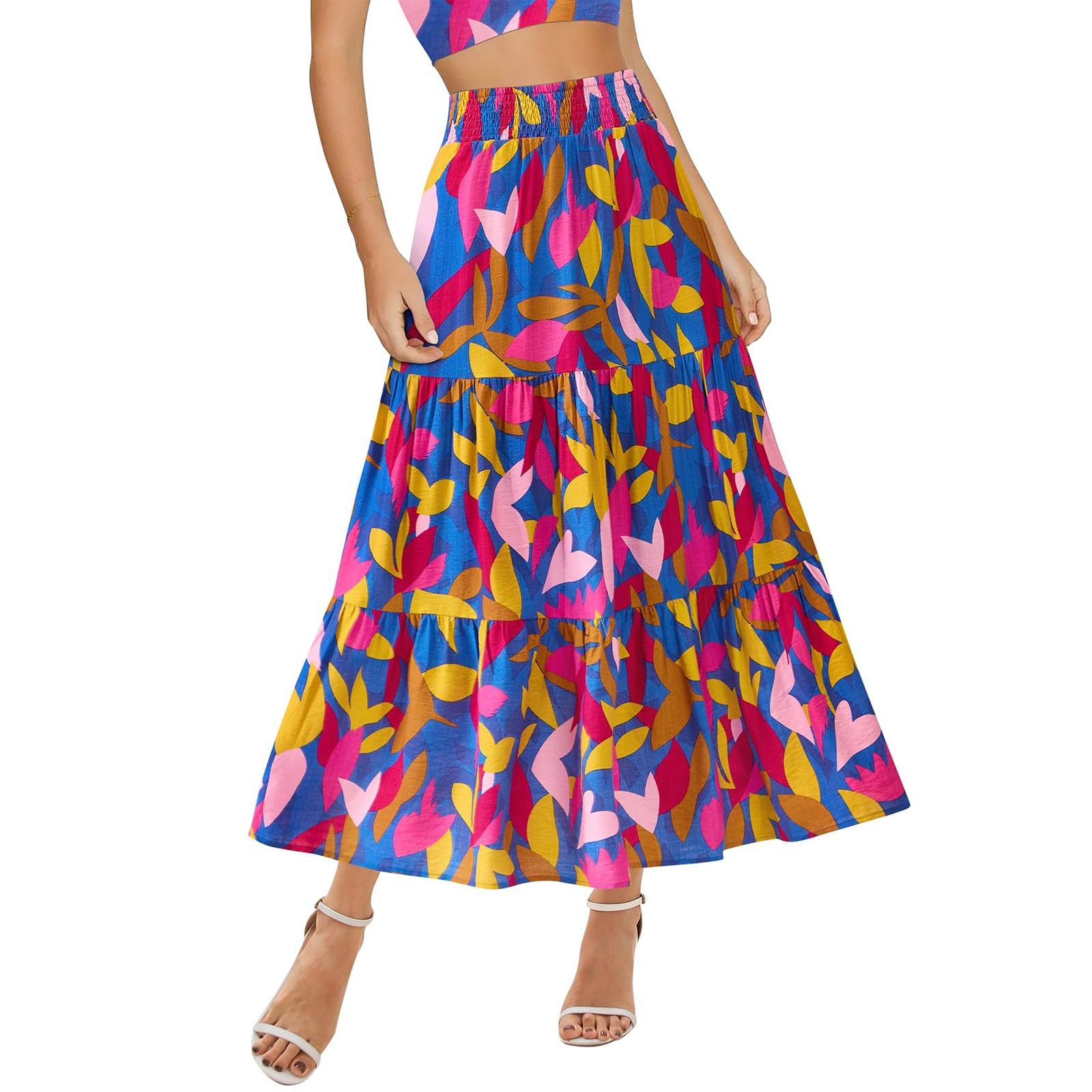 Long Skirts for Women Trendy Summer High Waisted Flowy Tiered Floral Maxi Skirts Casual A-Line Pleated Boho Skirt