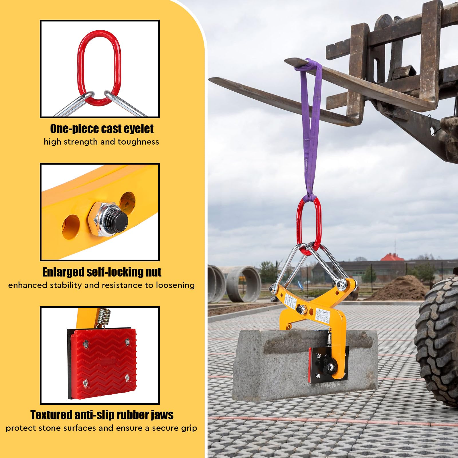 SWAWIS Pinza di Sollevamento per Cordoli Apertura Regolabile 12-24cm Capacità di Carico 280 kg Pinza per Pavimentazione con Cuscinetti Antiscivolo in Gomma per il Trasporto di Pietre o Legname(Giallo)