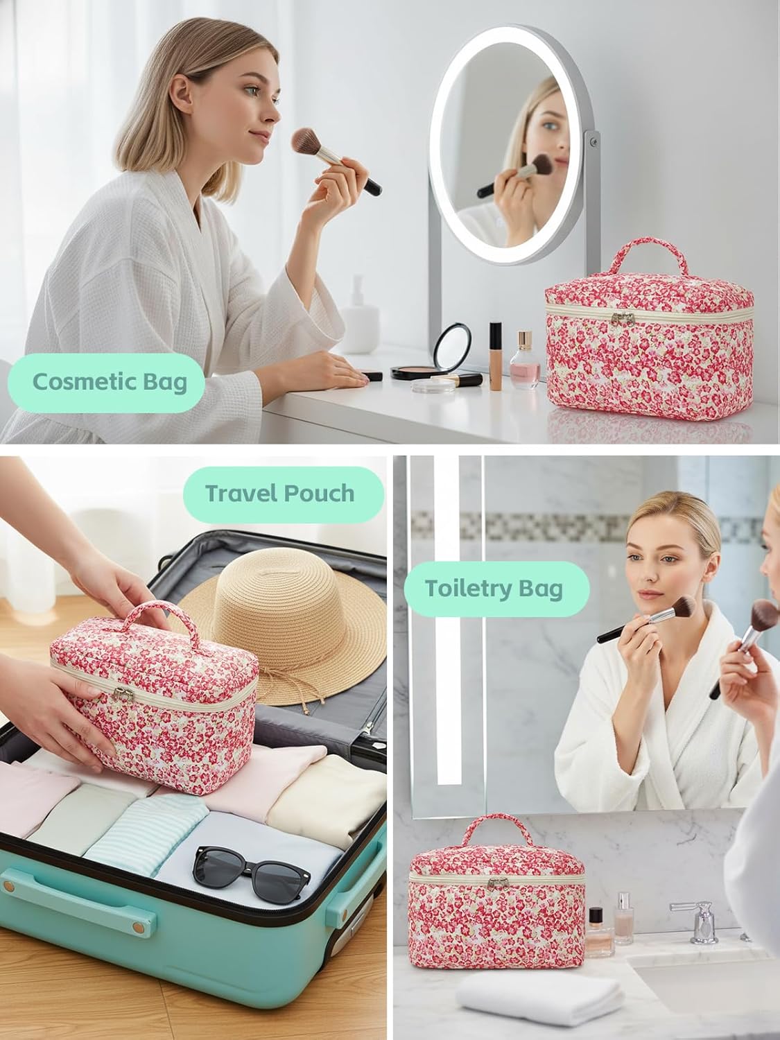 Large Travel Quilted Makeup Bag for Women Girls, Floral Cosmetic Bag, Cute Coquette Aesthetic Flowers Toiletry Organizer Bag Red Flower - Image 5