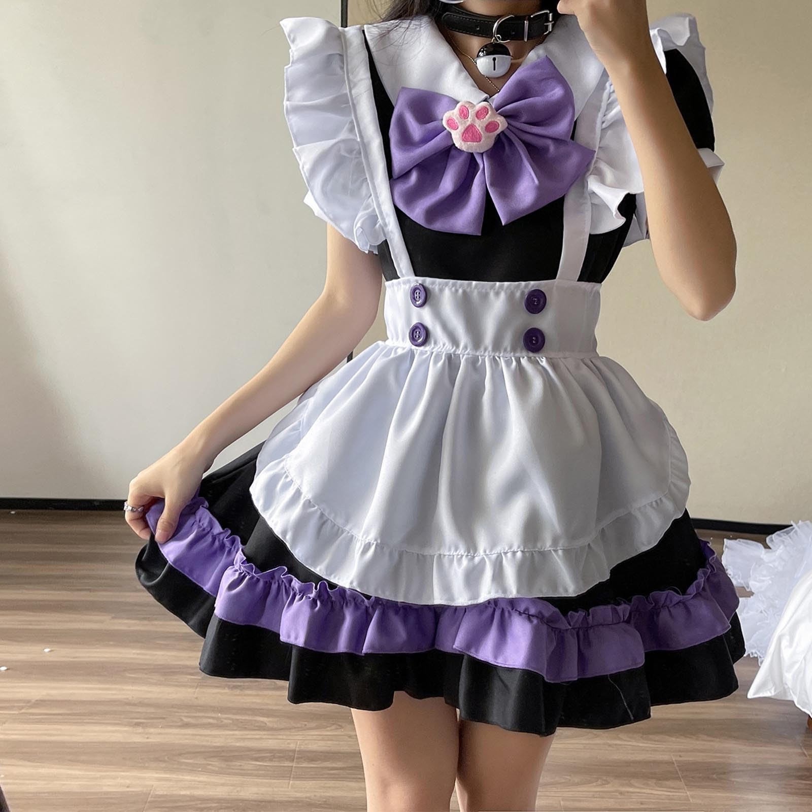 Women Cute Japanese Maid Costume Kawaii Anime Cosplay Halloween Outfits Sweet Lolita Dress French Apron Maid Dress: Purple Medium