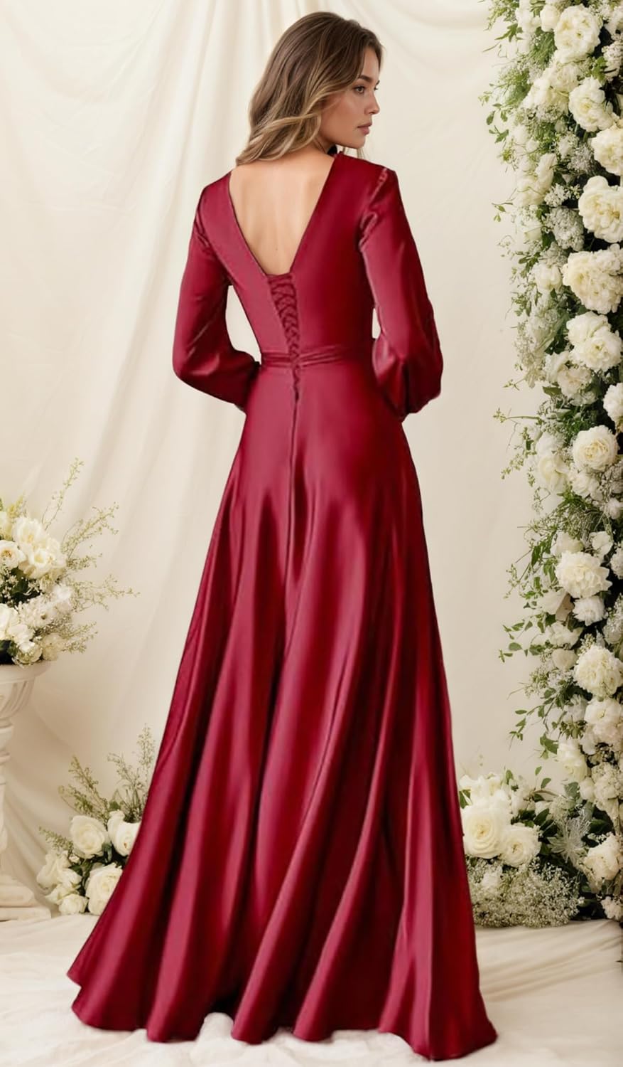 Long Sleeve Satin Bridesmaid Dresses A Line Split Pleated Prom Dress Formal Evening Dress with Pockets BD020