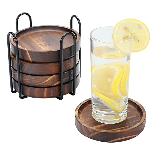 5Pcs Wooden Coasters for Drinks - Natural Wood Drink Coasters Set with Holder for Modern Home Decor,Coasters for Coffee Table Tabletop Protection for Any Table Type, Rustic Outdoor Coasters - 5Pcs 4.3*4.3inches