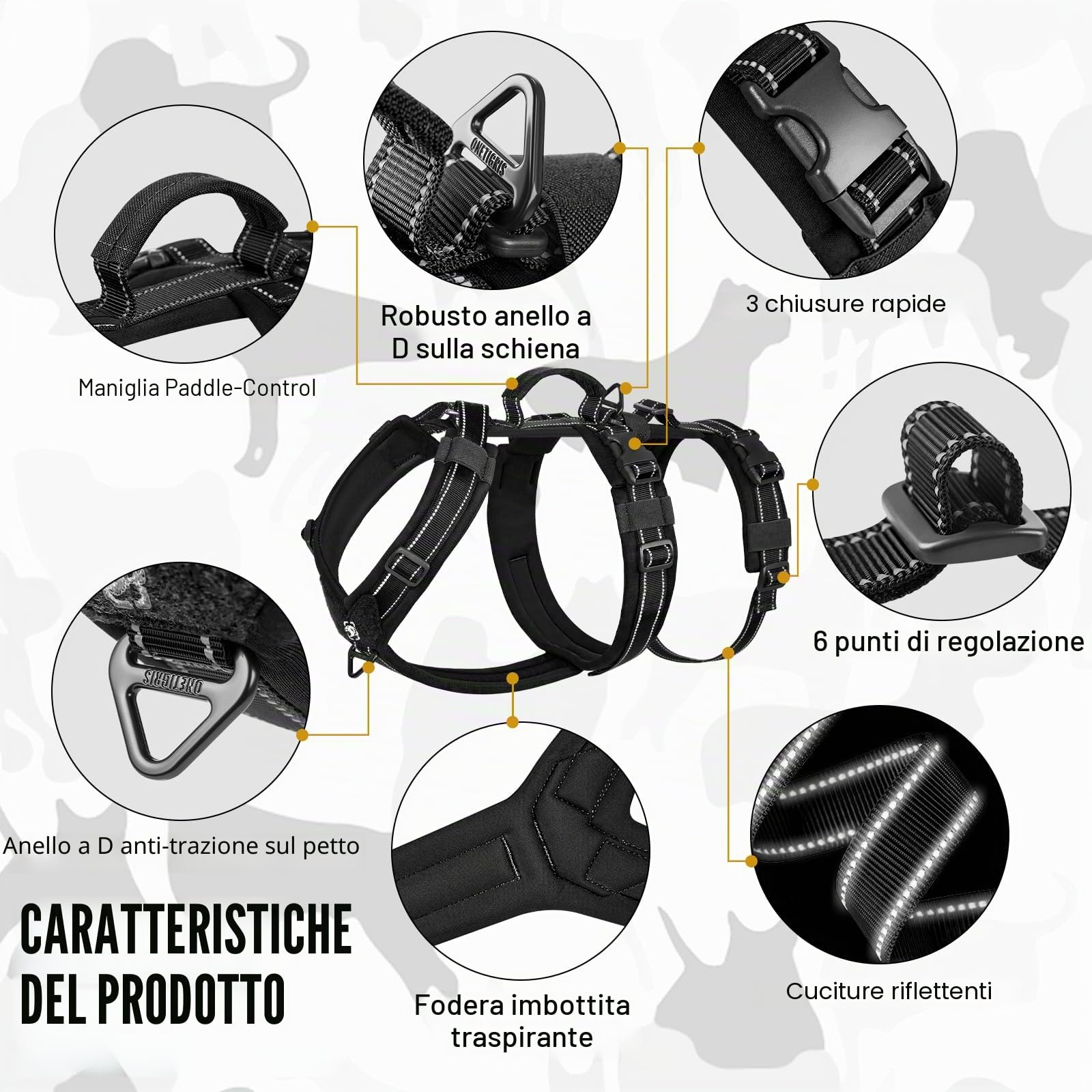 OneTigris Pettorina per cani, HOUNDLOCK Pettorina tattica anti-scoppio regolabile morbida imbottita con 1 maniglia, 2 anelli a D e riflettente (Nero, M)