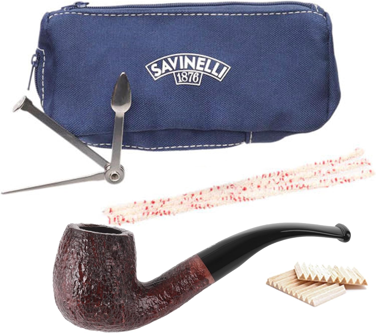 Savinelli 601 One Briar Pipe Care Set + 100 Balsa 6mm Filters, Italian Hand Crafted Rusticated Finish Wood Pipe, Accessories & Storage Bag