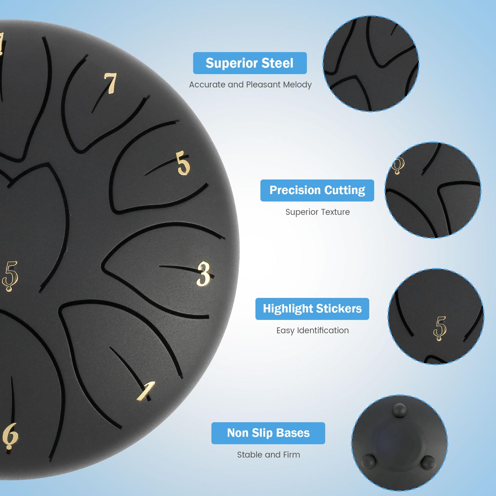 Tongue Drum Rain Drum Musical Metal Drums Set Stable Meditation Light-Weight Balmy Rain Hand Percussion for Musical Education(Matte Black)