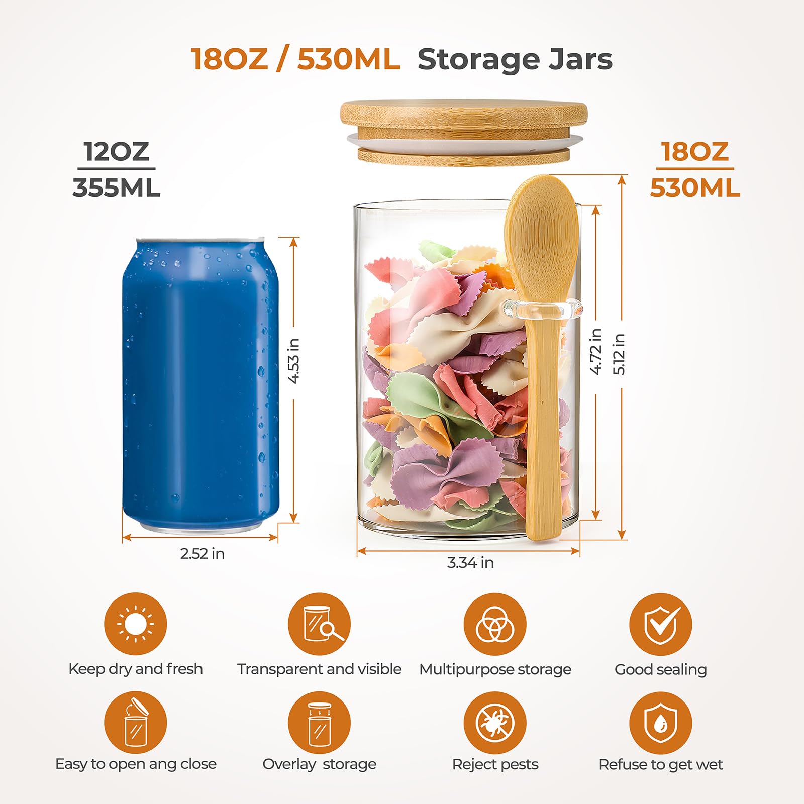 Rongbaor 4 Pack Glass Jars with Airtight Bamboo Lid and Spoon,530ml Overnight Oats Jars,Kitchen Spice Jars Storage Containers,With Waterproof Label and Marker Pen for Home Storage Cookie Candy Coffee - Image 2