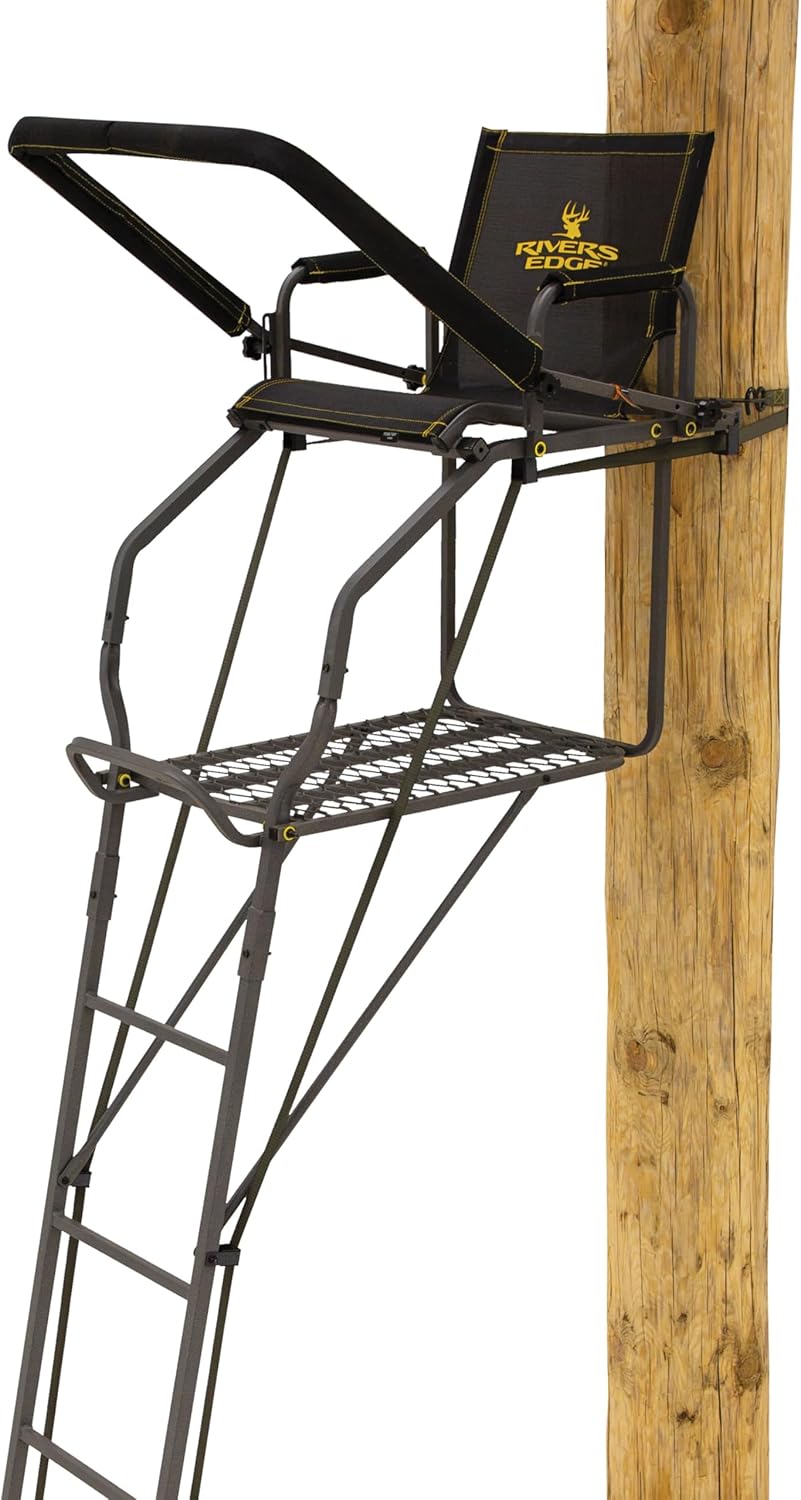 Rivers Edge® Retreat™ LS 1-Man Ladder Stand, 17’11” Height, Lockdown™ Strapping System, Flip-Up TearTuff™ Mesh Seat, 27” Deep Platform, 2-Way Adjustable Shooting Rail, RE670