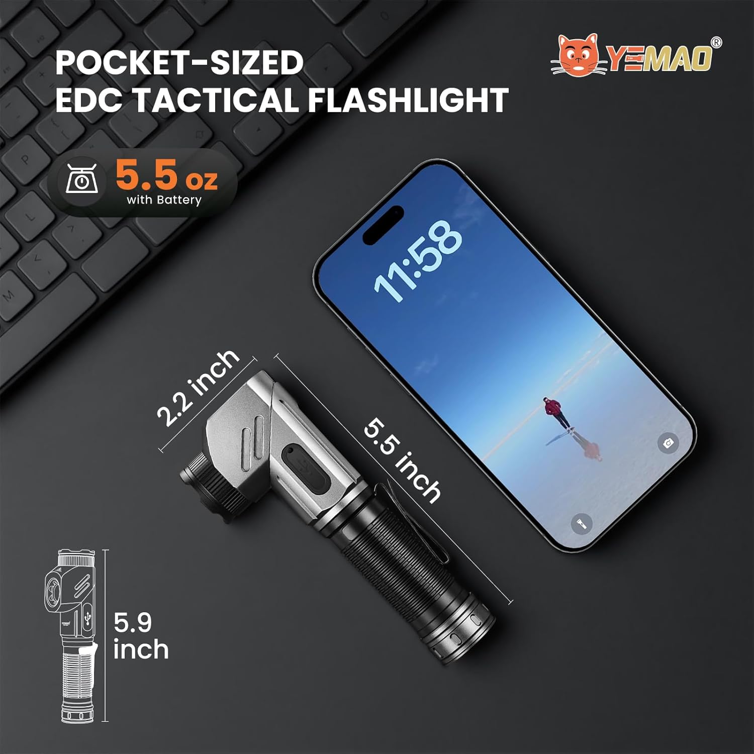 Yemao Rechargeable Tactical Flashlights 1600 High Lumens 2 Light Sources,6 Modes,90 Degree Rotating,Waterproof Working Light with Magnetic Base for Home Emergency,Outdoor,Camping,Shop