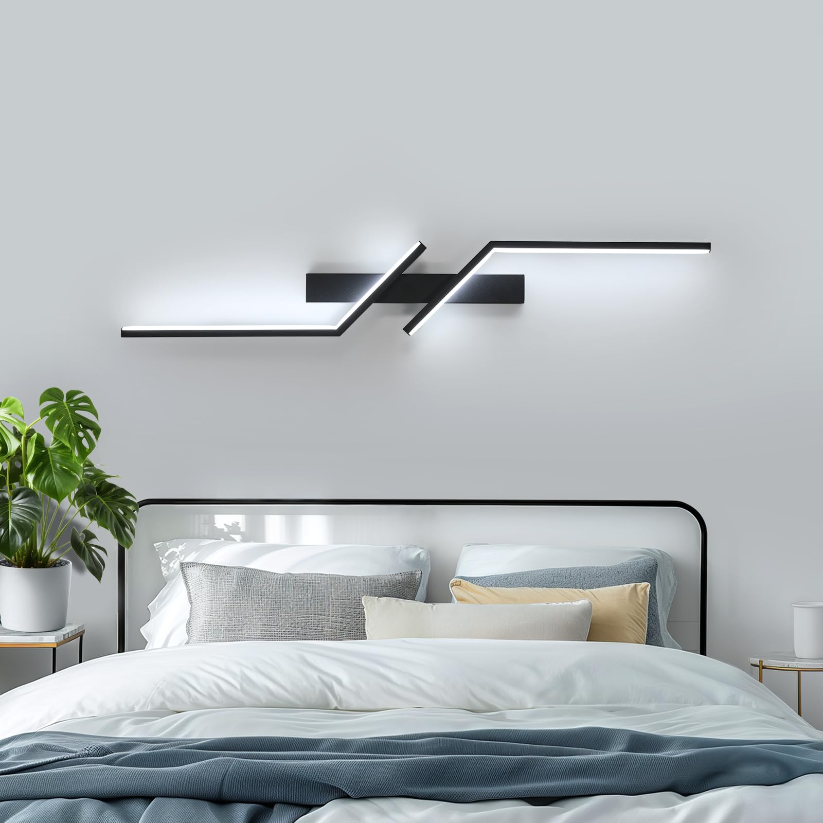 Goeco Applique da Parete Interno 81CM 24W 6500K 2 Tubi Lungo Nero | 2700LM Lampada da Parete Lungo in Acrilico a Luce Bianco Freddo Applique a Muro Moderno per Soggiorno Camera da Letto Scala