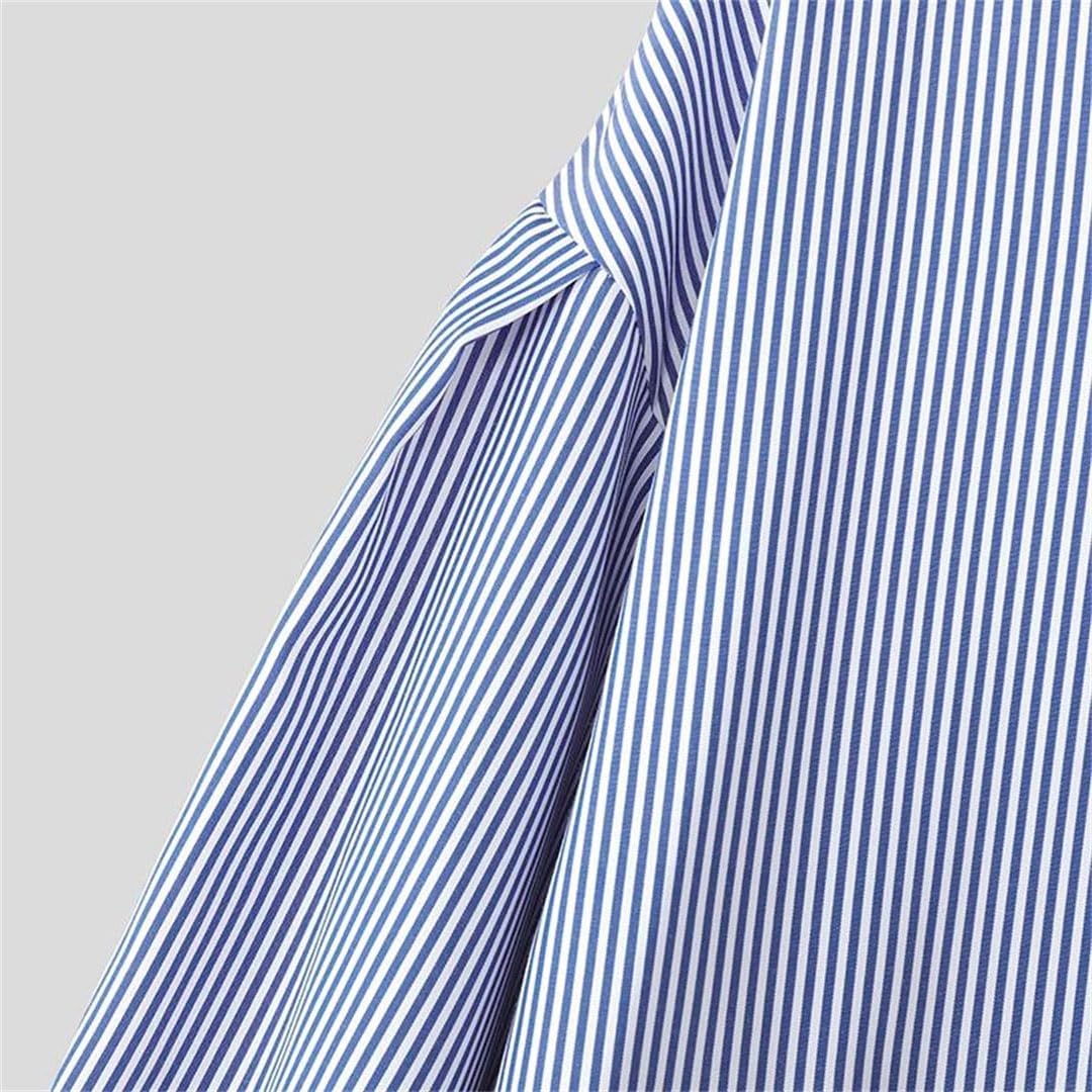 Men Spring Autumn Striped Stand Collar Long Sleeve Button-Down Shirt Loose Casual Top