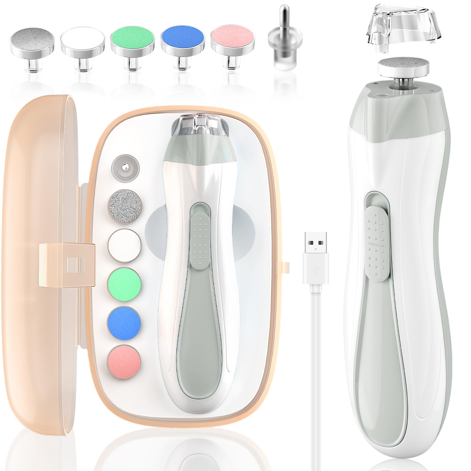 Baby Nail File Electric Baby Nail Care Set with LED Light, Baby Nail Clipper Electric for Newborn/Infants/Adults Toenails and Fingernails, 7 Grinding