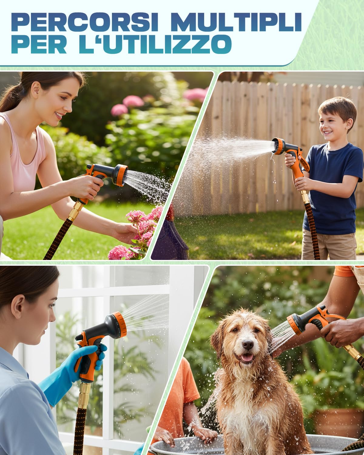 Tubo Estensibile da Giardino 15m Arancione, Tubo Acqua Flessibile con Pistola Multifunzione a 10 Getti, Antitorsione, Leggero e Retrattile per Irrigazione e Pulizia Estiva
