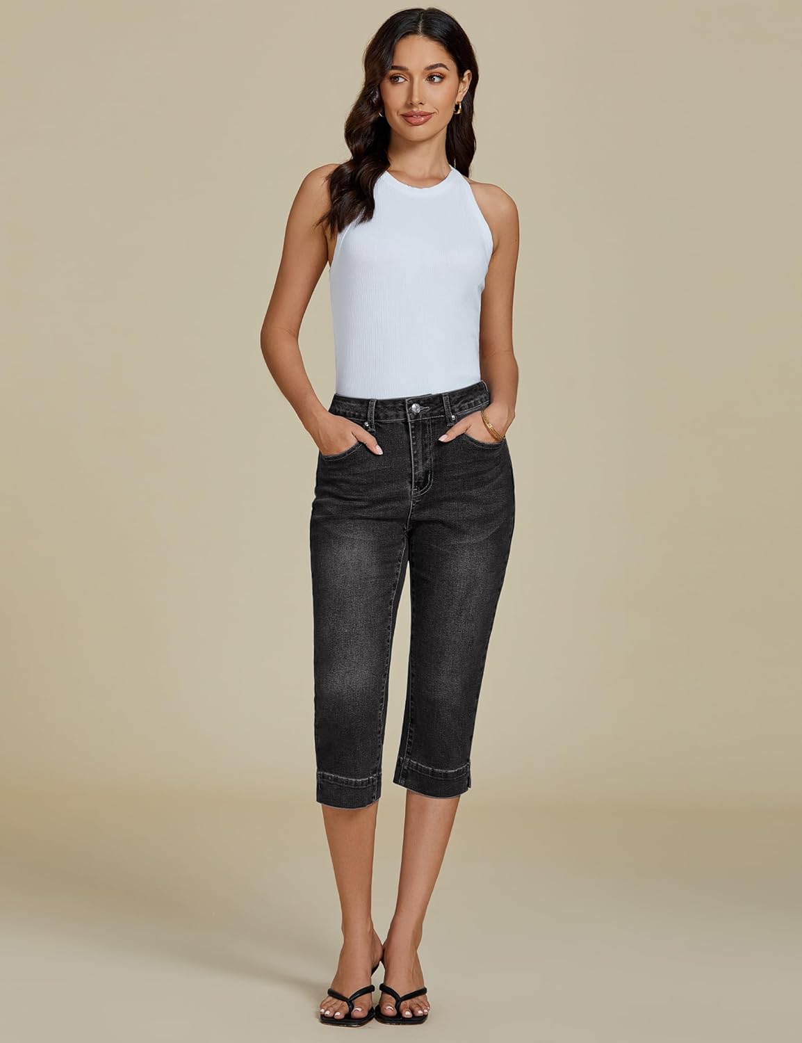 luvamia Capri Jeans for Women Trendy High Waisted Slim Split Hem Stretch Denim Jean Capris Cropped Pants Casual Summer - Image 6