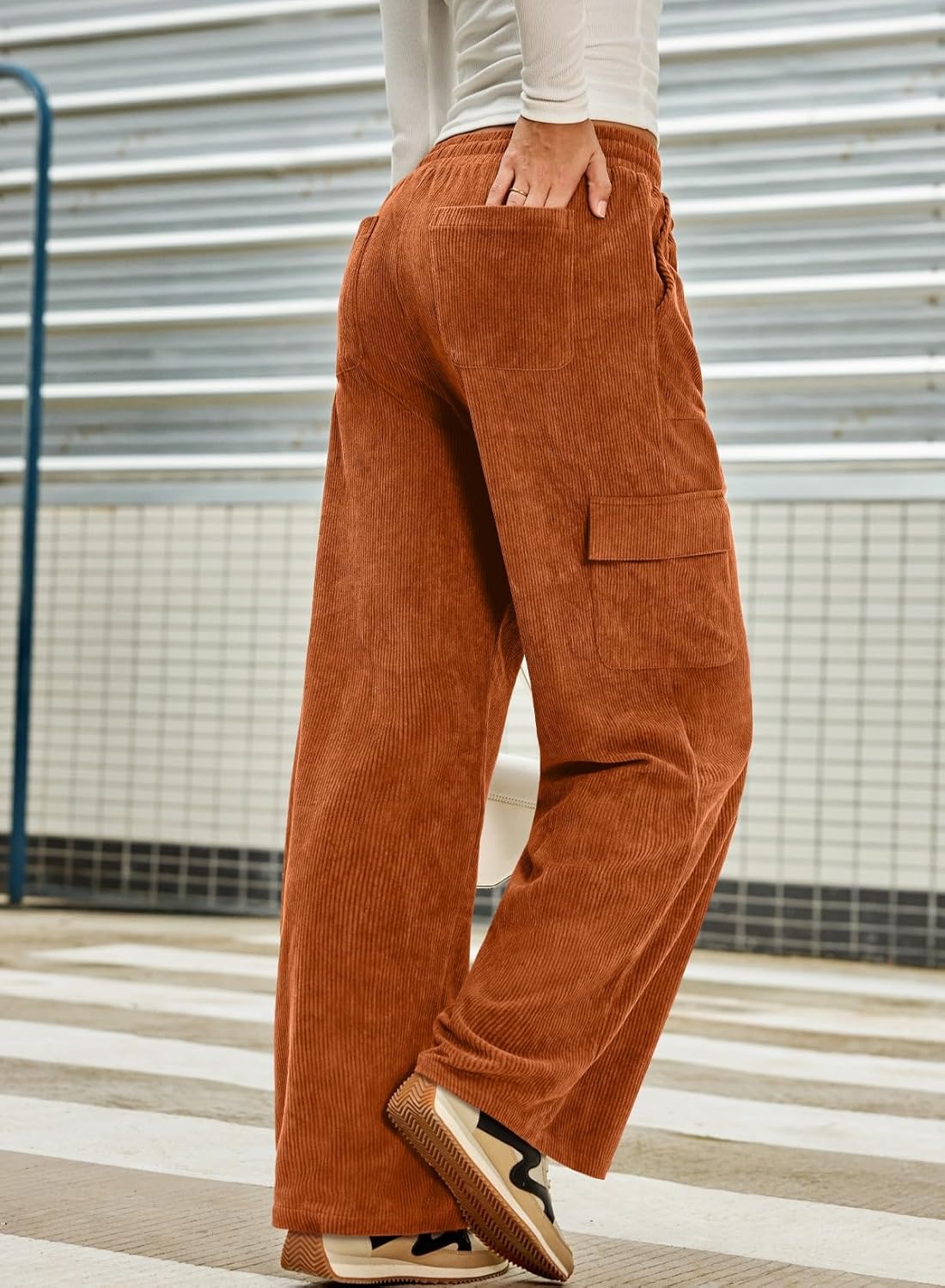 Sidefeel Womens Corduroy Pants Casual High Waisted Elastic Drawstring Cargo Loose Fit Wide Leg Pants with Pockets - Image 4