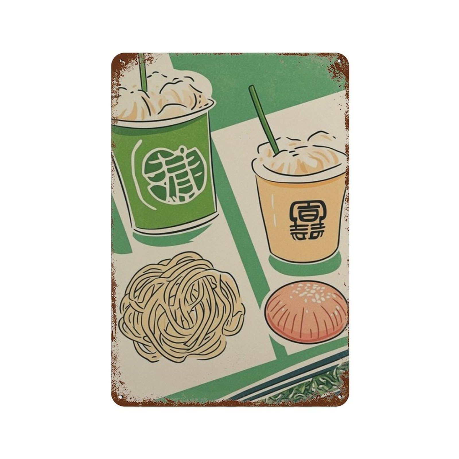 xiaoxiaoshen Asian Food Noodle Dumpling Pattern Kitchen Minimal Restaurant Wall Decor Art Metal Tin Poster Modern Home Decor Art Home Bar Shop Decorations Vintage Sign 30x20cm