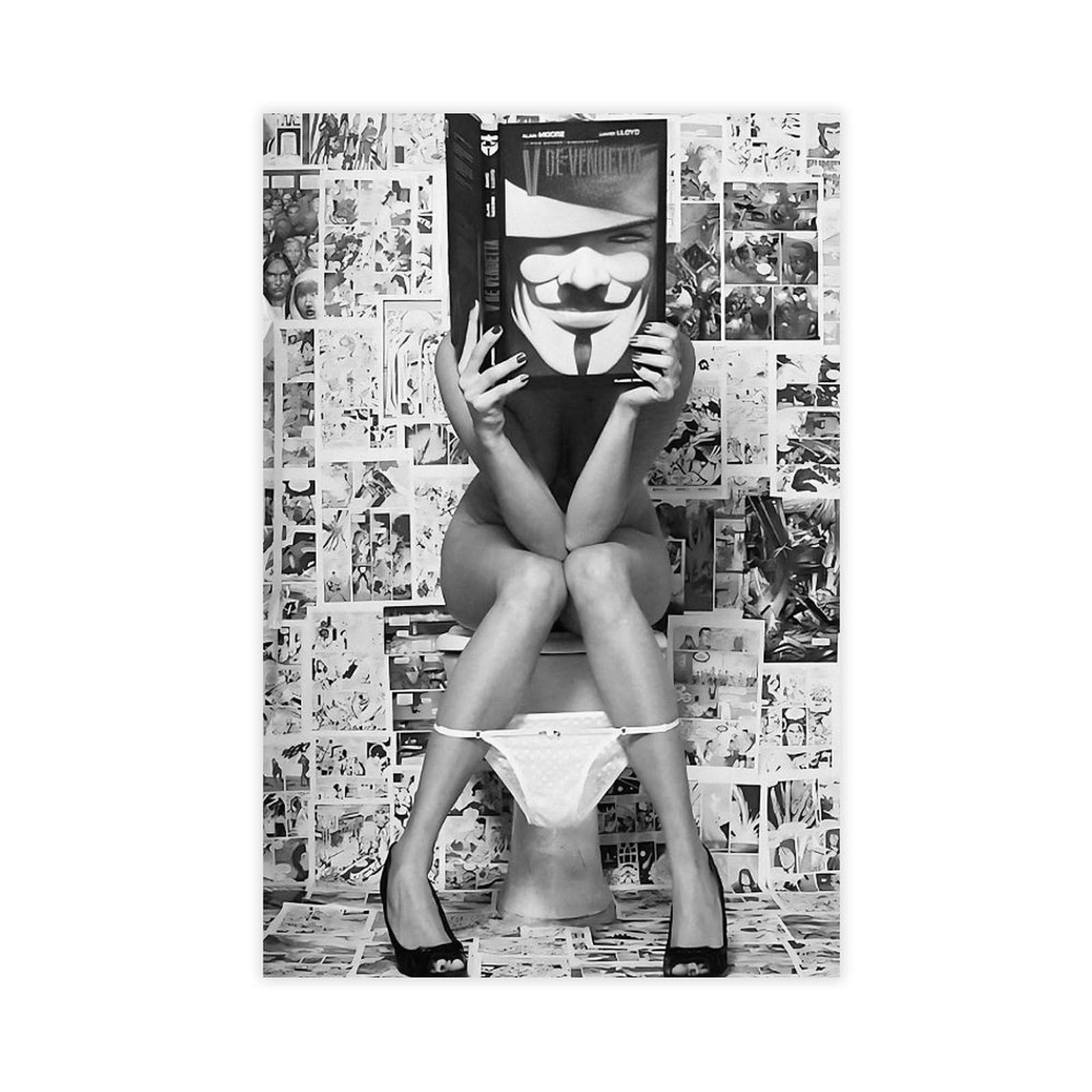 Gqvcjsw Girls On Toilet, Black And White, Bathroom Art Canvas Poster Bedroom Decor Landscape Office Room Decor Gift 12X18inch(30X45cm)