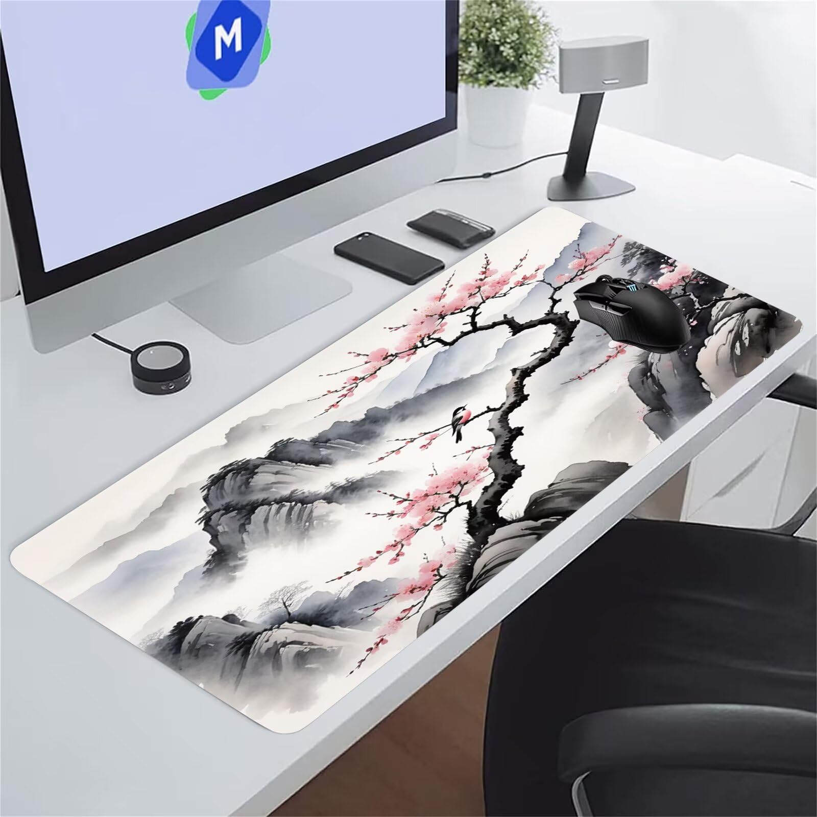 Tappetino Mouse Gaming XXL 1200x600x3 mm, Tappetino da Scrivania Grande, con Bordi Cuciti, Base in Gomma Antiscivolo, Tappetino per Tastiera Lavabile per PC e Laptop, Pittura Inchiostro Giapponese