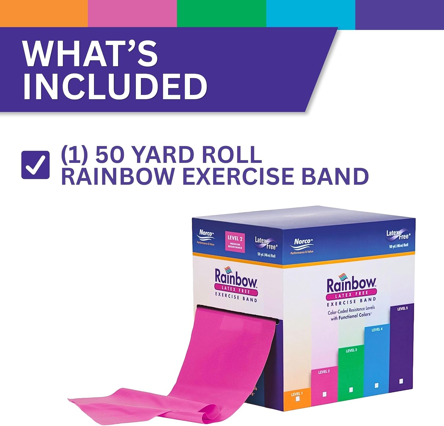 Norco Rainbow Resistance Band Roll – 50 Yard Dispenser Box | 5 Levels - Latex-Free, Non-Slip Exercise Band with No Powder or Odor | Physical Therapy, Rehab & Exercise Gyms