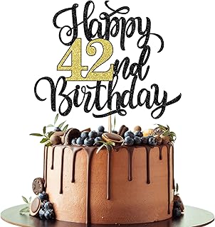 Happy 42nd Birthday Cake Topper, Black Gold Glitter Birthday Cake Topper, 42nd Anniversary/Forty-two Birthday Party Cake Decoration Supplies