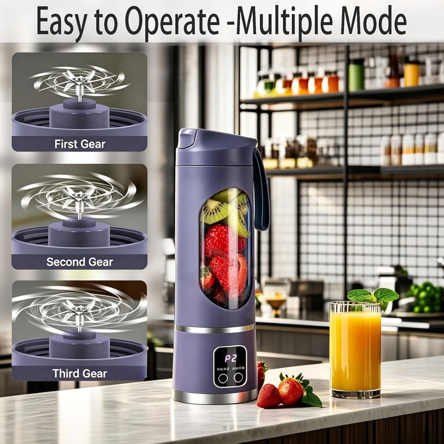 Portable Blender for Shakes and Smoothies - 3-Speed USB Rechargeable Juicer with 12-Blade Ice Crusher & Digital Display - 15.2 oz Ideal for Fresh Juices at Home & Travel