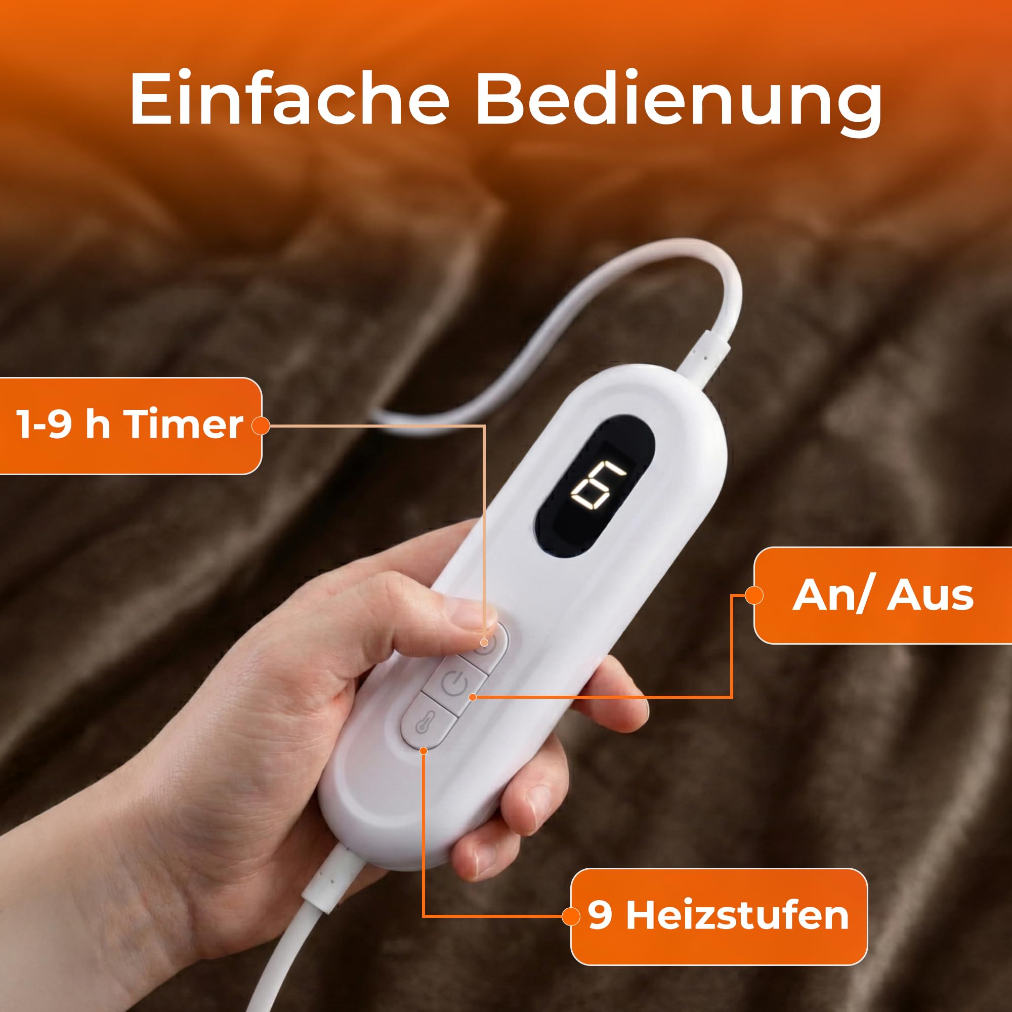 KLAMER Heizdecke mit Abschaltautomatik, 180x130 cm, waschbare Wärmedecke, 9 Temperaturstufen, elektrische Heizdecke geeignet für Bett, Sofa und Büro, beige
