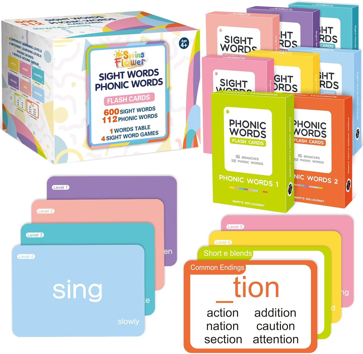 SpringFlower 712 Sight Words Flash Card,600 Dolch & Fry High Frequency Sight Word,112 Phonic Flash Cards for Kindergarten Homeschool Supplies Games for Kids Pre-K, Kindergarten, 1st, 2nd, 3rd Grade