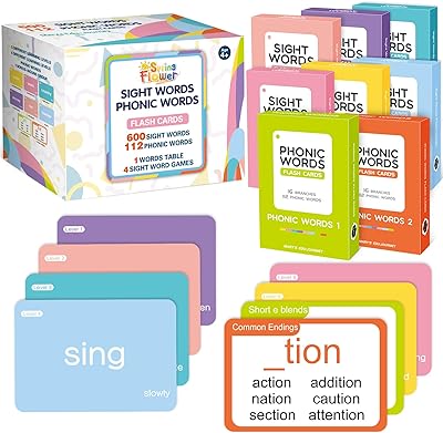 Springflower 712 Sight Words Flash Card,600 Dolch & Fry High Frequency Sight Word,112 Phonic Flash Cards for Kindergarten Homeschool Supplies Games for Kids Pre-K, Kindergarten, 1st, 2nd, 3rd Grade