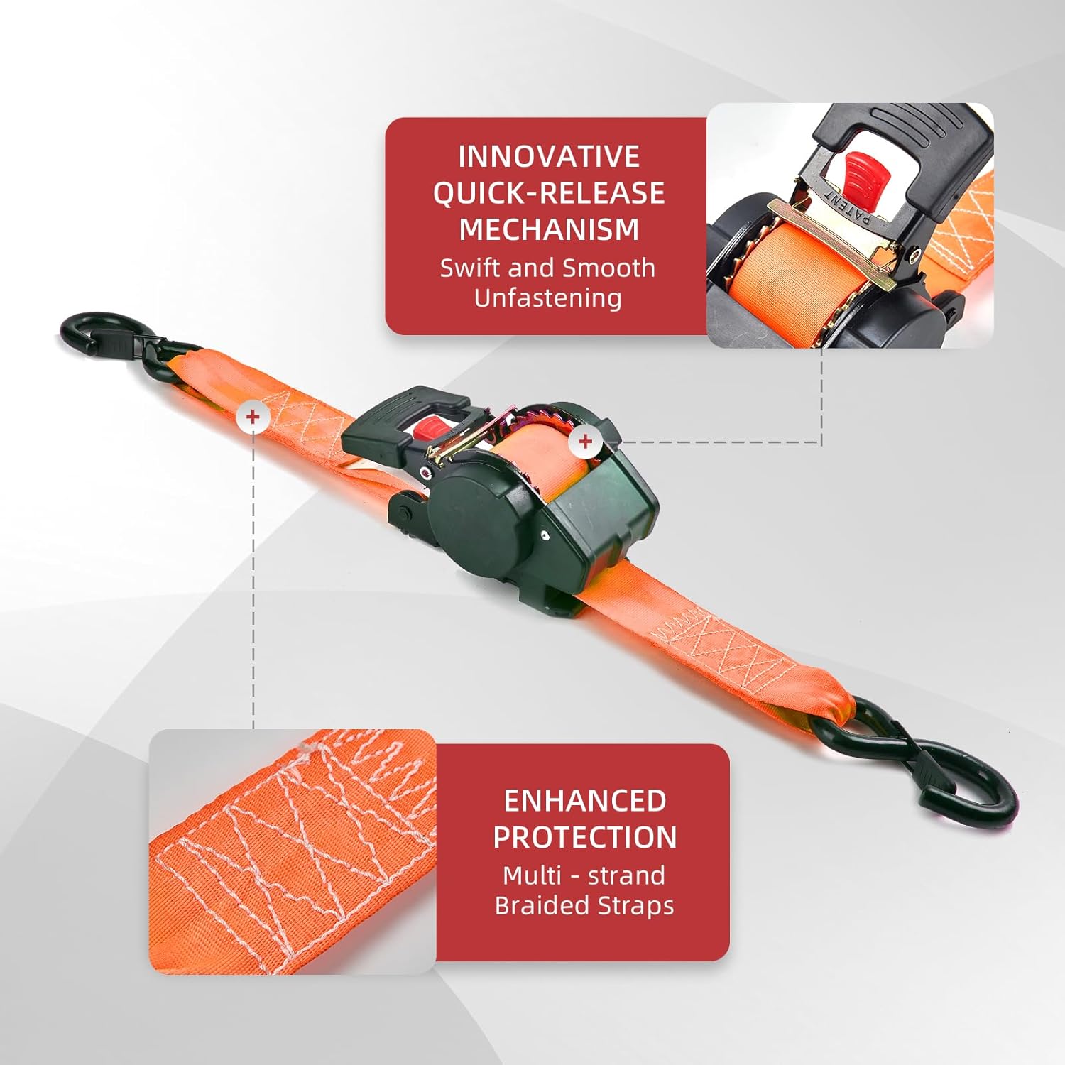 Retractable Damped Ratchet Tie-Down Straps 1763 lbs, 1in × 10ft Self-Retracting Ratchet Straps with Dampers, Heavy Duty S-Hooks, Auto Retract Strap System for Cargo, Trucks, Trailers, 2 Pack, Orange - Image 3
