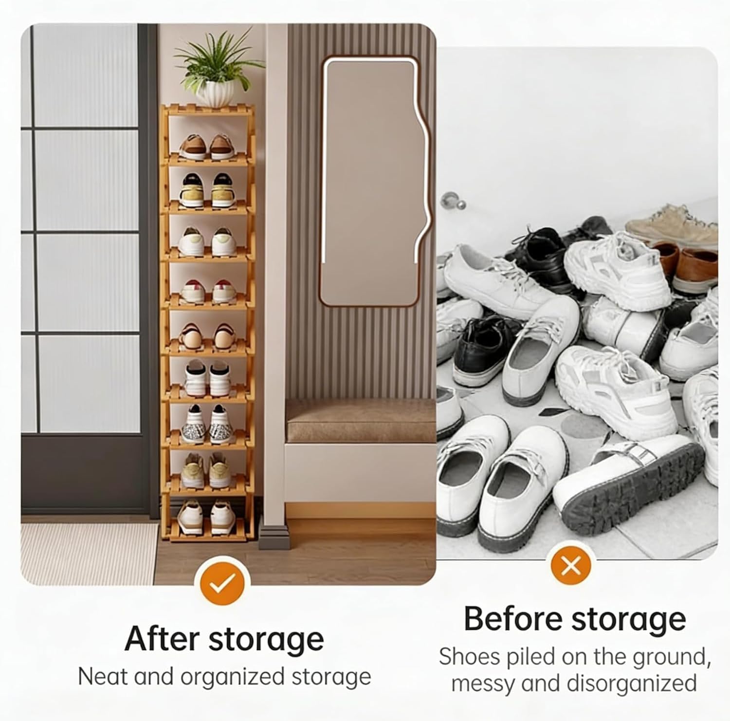 The 9-Tier No-Assembly Bamboo Rack, 2/3/4/5/6/7/8/9/10 Tier Foldable Bamboo Shoe Rack, No Assembly Vertical Shoe Organizer for Small Spaces (Walnut Color, 5)