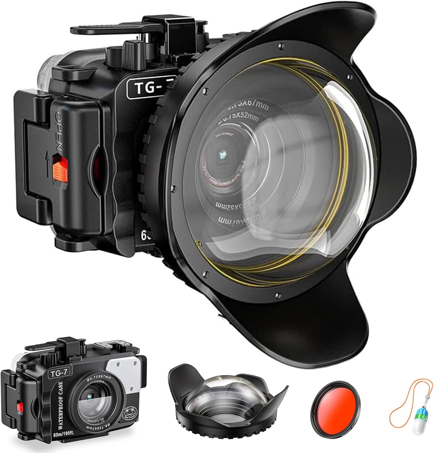 Seafrogs 60m/195ft Underwater Camera Housing for Olympus TG-7 – Waterproof Case with 52mm & 67mm Thread, Dual Fiber Optic Ports, Leak Detection, Stainless Steel Mounting Plate, 67mm Fisheye Lens